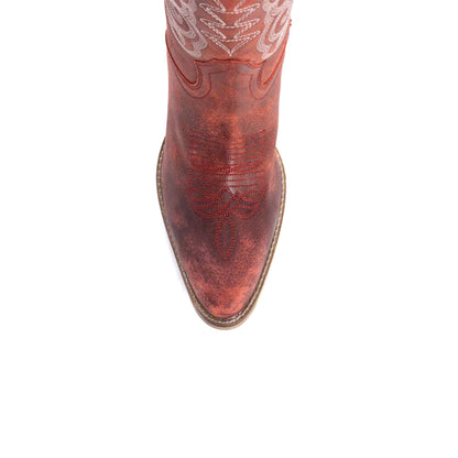 Distressed Red Almond-Toe Curled Embroidery Full-Zip Knee High Cowgirl Boots