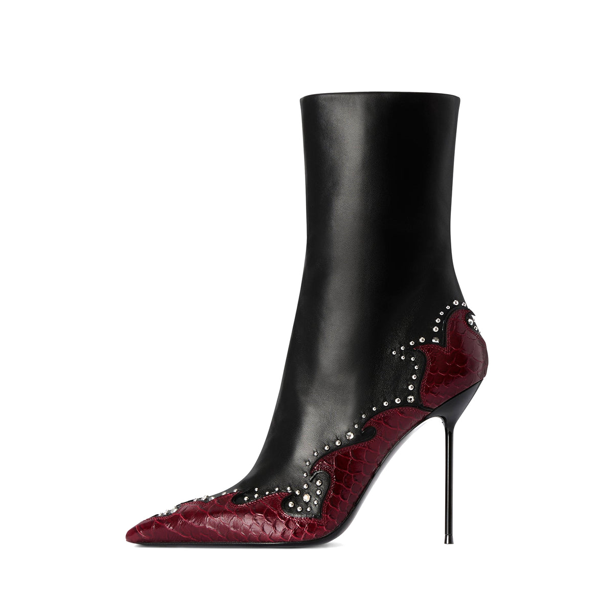 Black And Red Snakeskin Pattern Pointed-Toe Studs Full-Zip Ankle Stiletto Boots