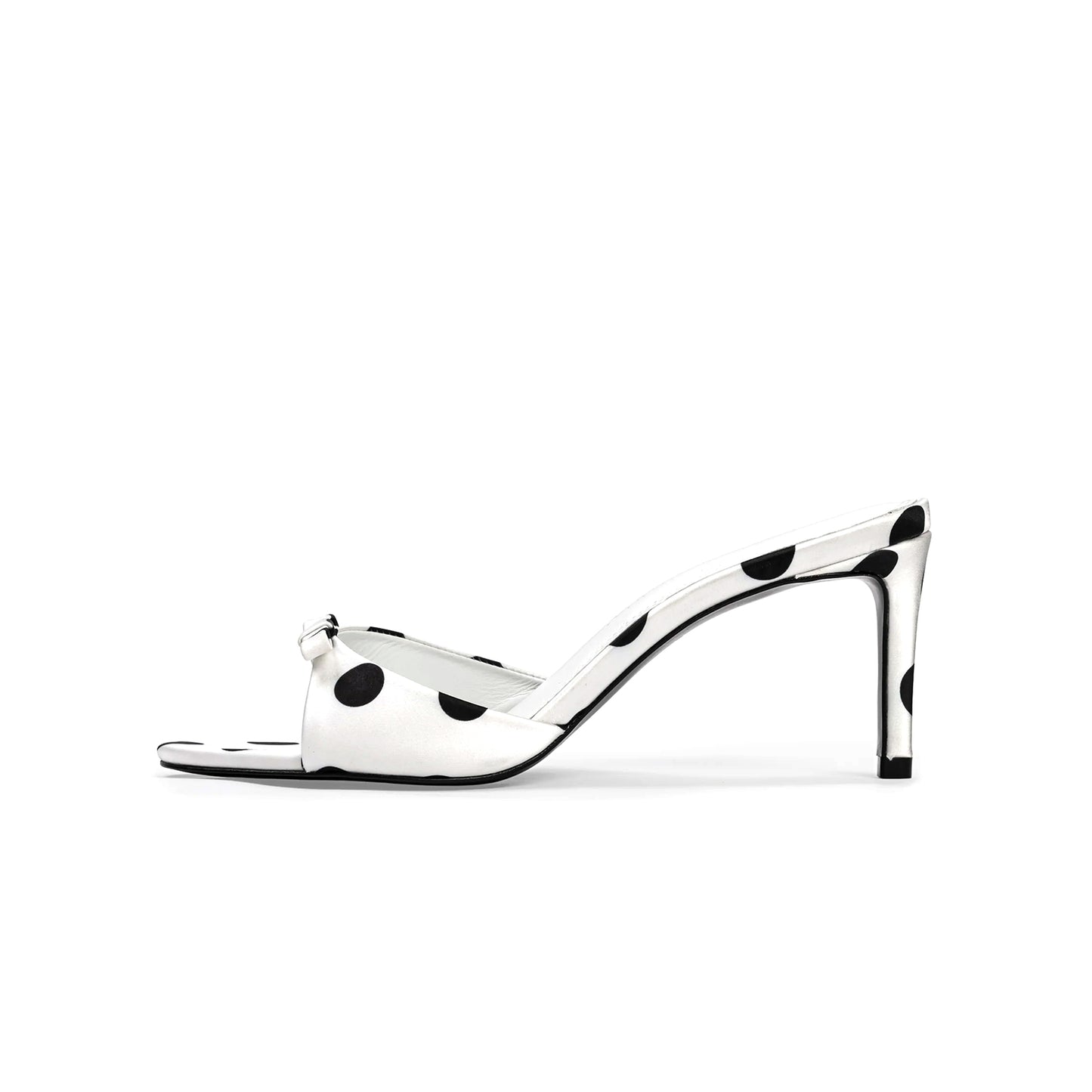 White Satin Polka Dot Open Round-Toe Backless Kitten Heels