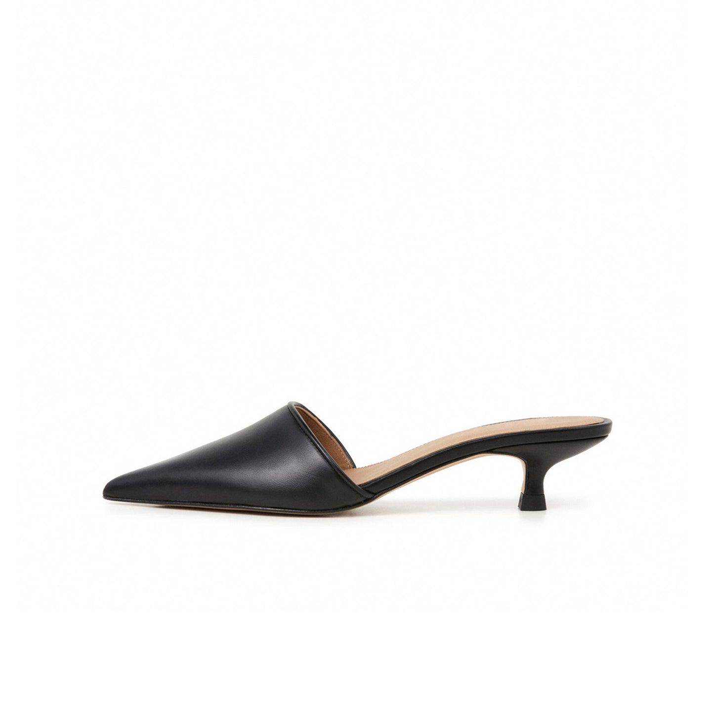Black Pointed-Toe Slip-On Backless Kitten Heels