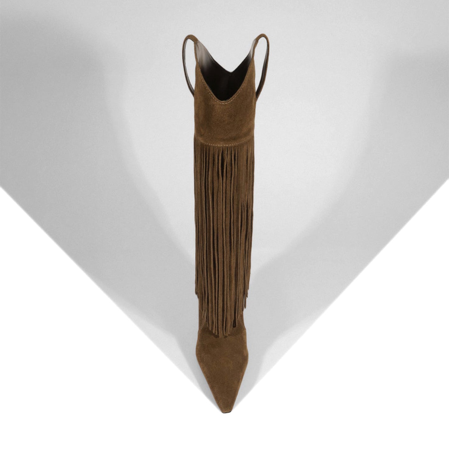 Brown Faux Suede Pointed-Toe Shaft Fringe Mid Calf Stiletto Boots