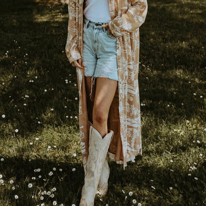 Ivory Snip-Toe Chic Embroidery Half-Zip Knee High Cowgirl Boots