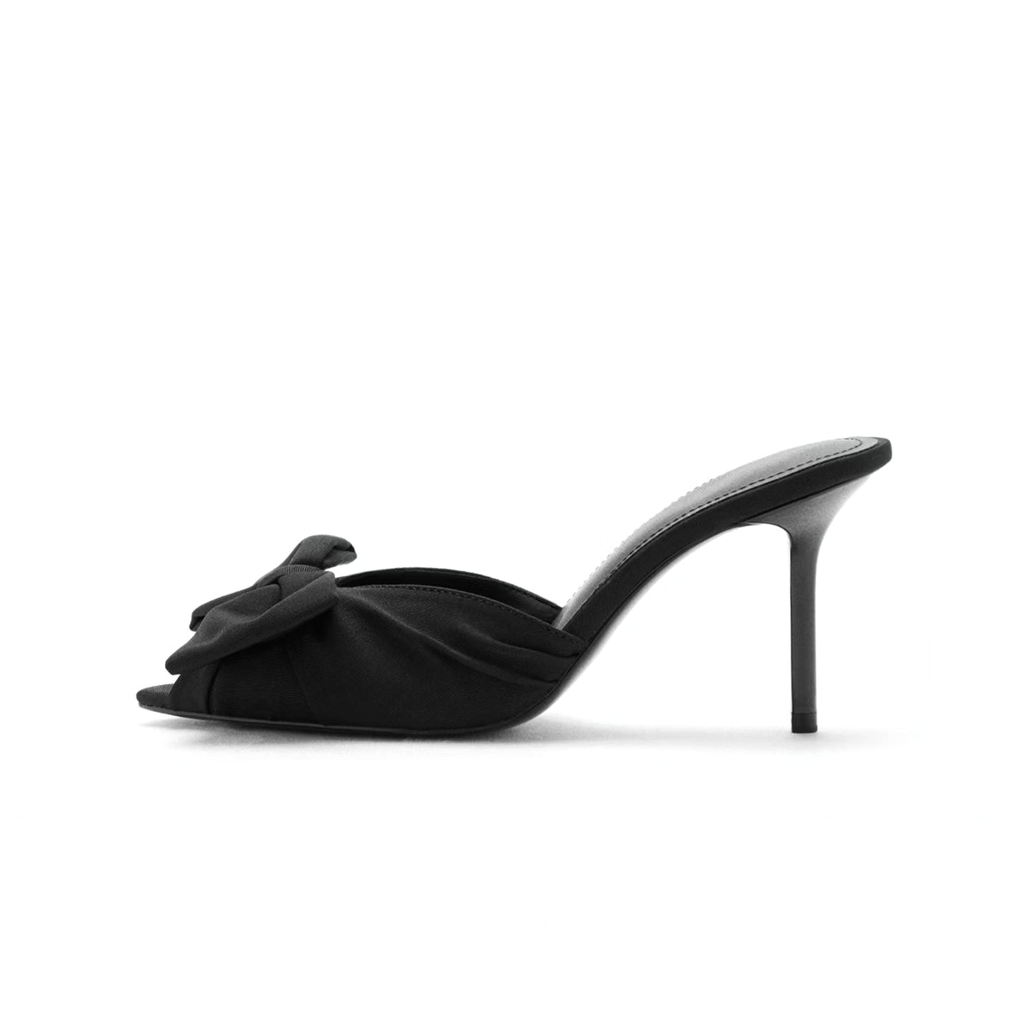 Black Satin Pointed-Toe Stiletto Front Bow Slip-On Kitten Heels