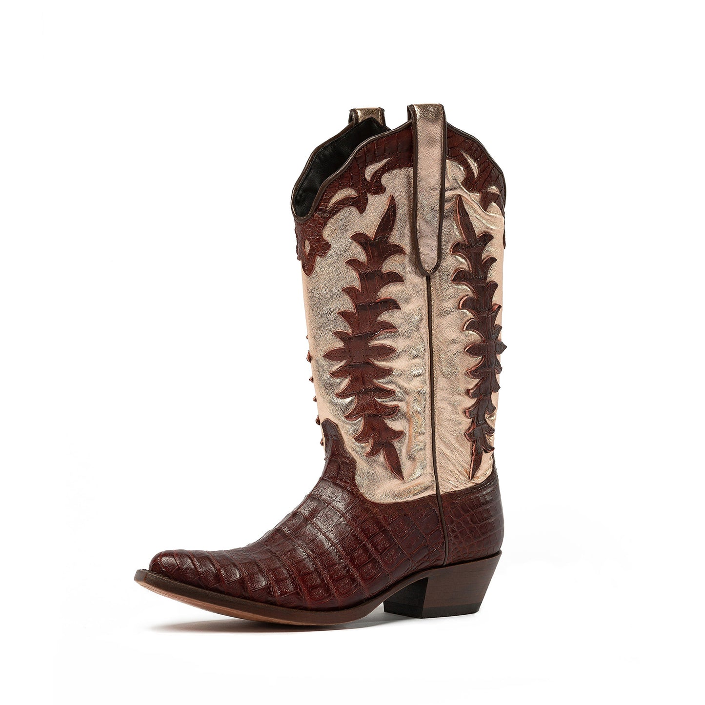 Contrast Brown Crocodile Print And Metallic Champagne Snip-Toe Appliques Mid Calf Cowgirl Boots