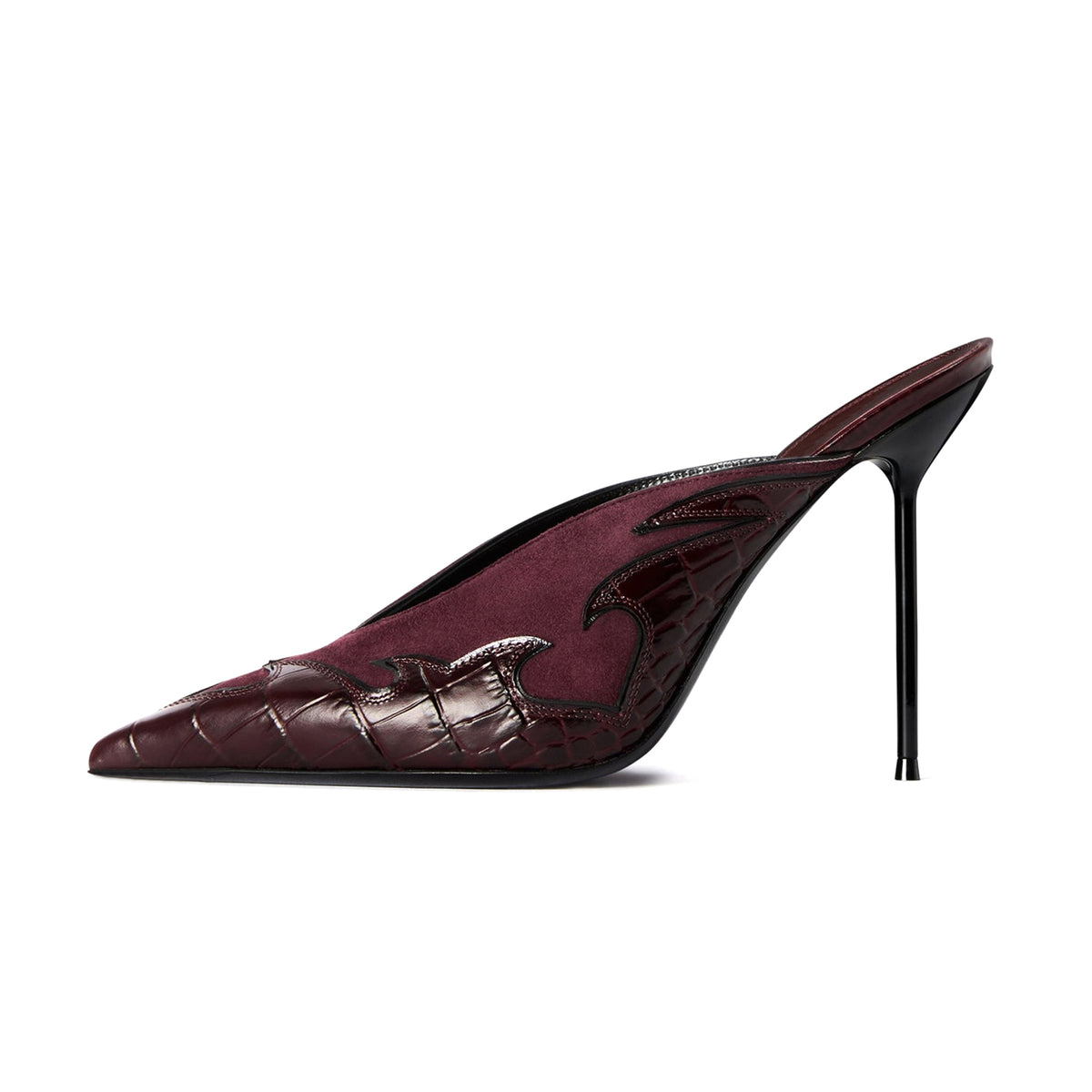 Burgundy Faux Suede And Crocodile Pattern Pointed-Toe Backless Slip-On High Heels