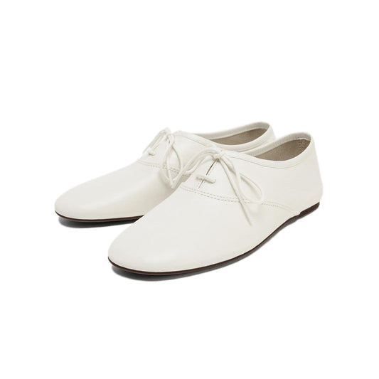Off White Round-Toe Lace-Up Simple Flats