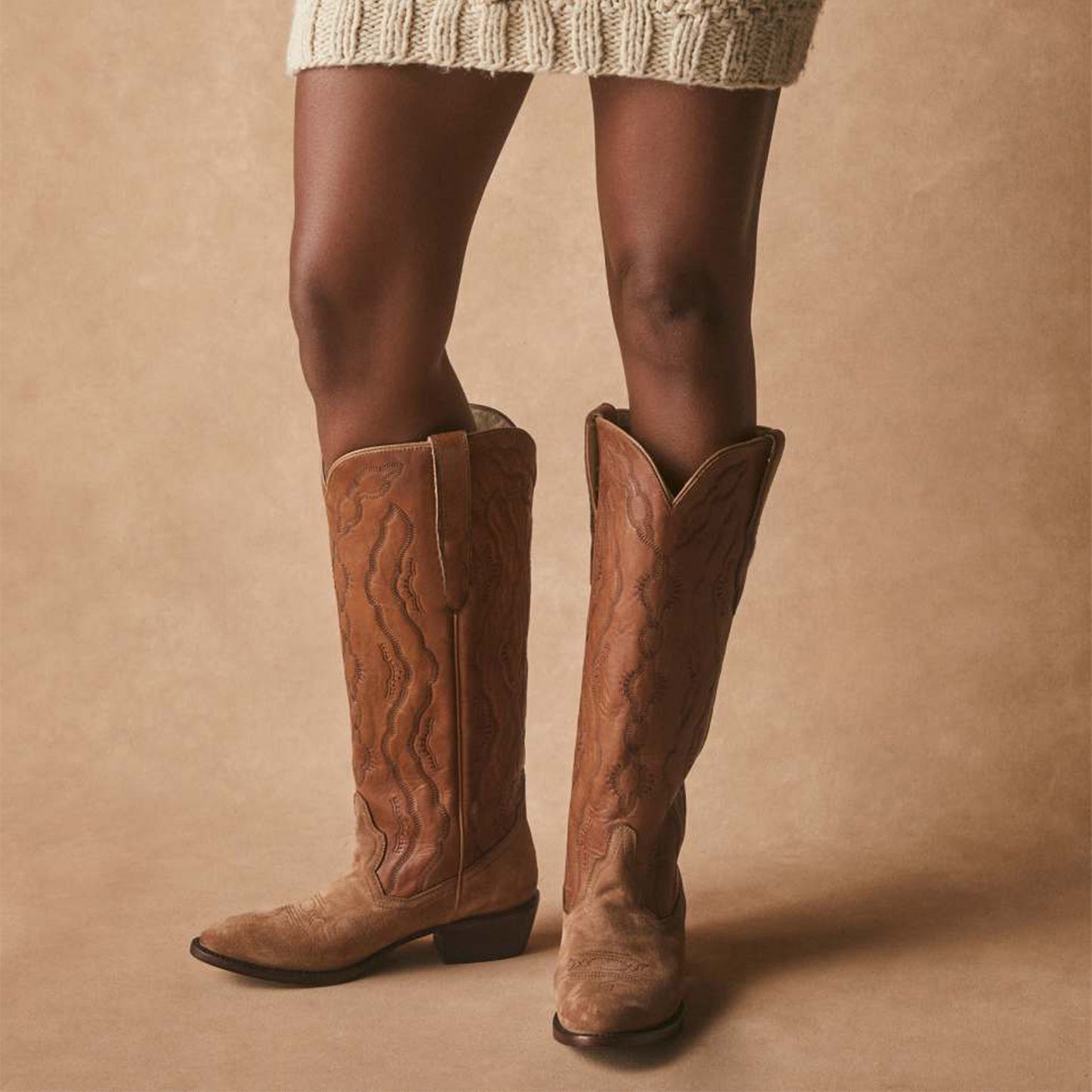 Brown Round-Toe Classic Embroidery Wide Calf Knee High Tall Cowgirl Boots