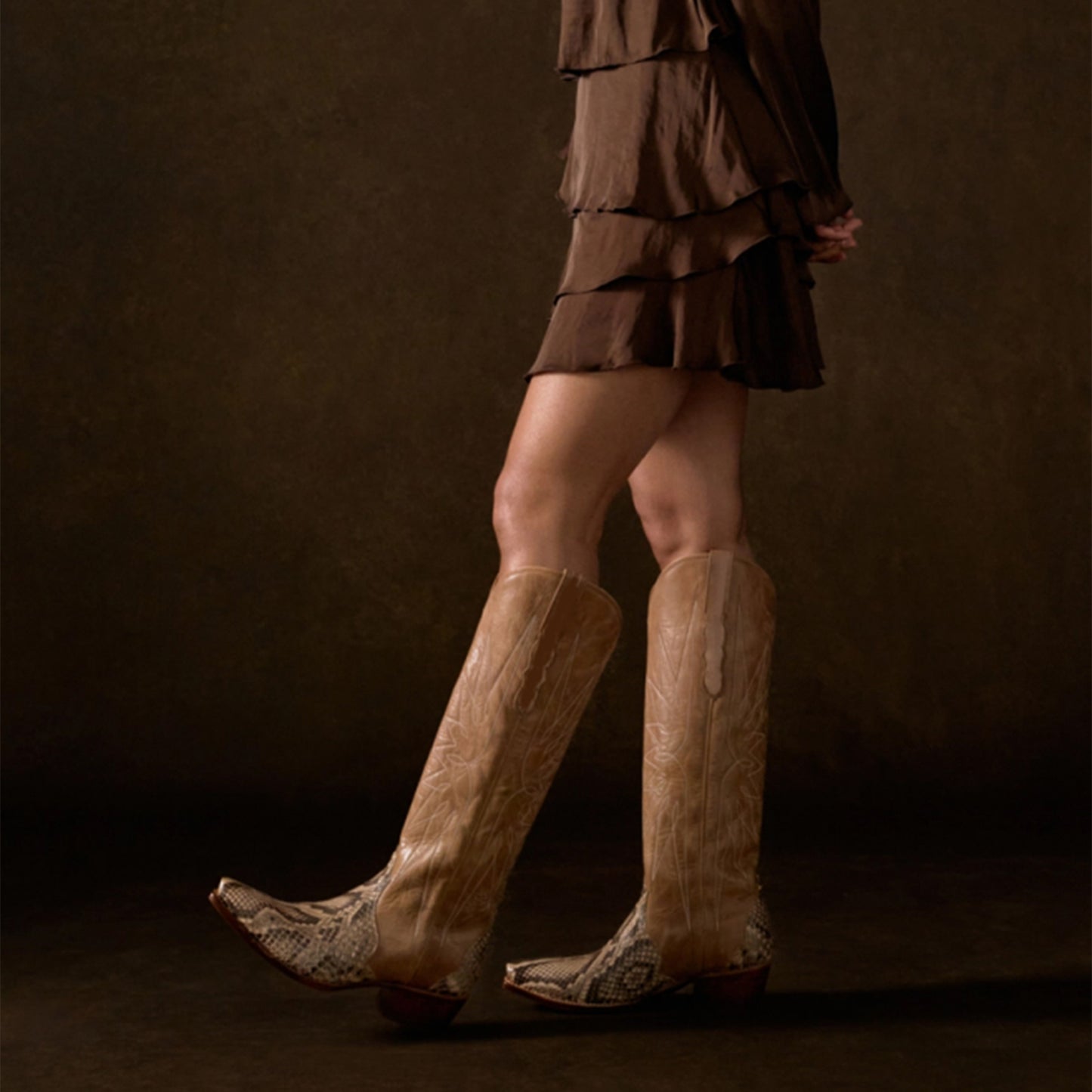 Tan And Snakeskin Pattern Snip-Toe Embroidery Wide Calf Knee High Cowgirl Boots