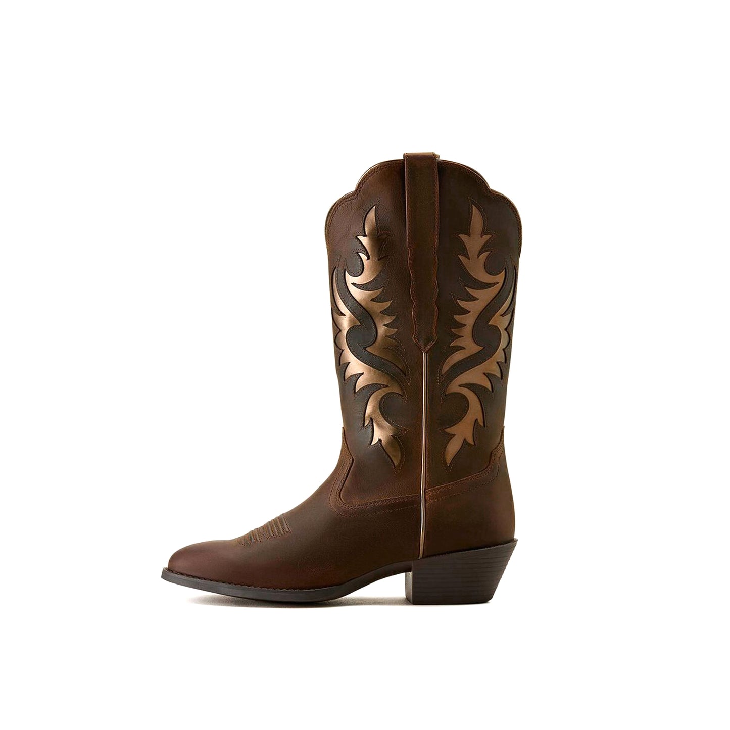 Brown Almond-Toe Metallic Bronze Inlay Mid Calf Cowgirl Boots