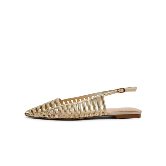 Metallic Gold Pointed-Toe Rhinestone Strappy Slingback Flats
