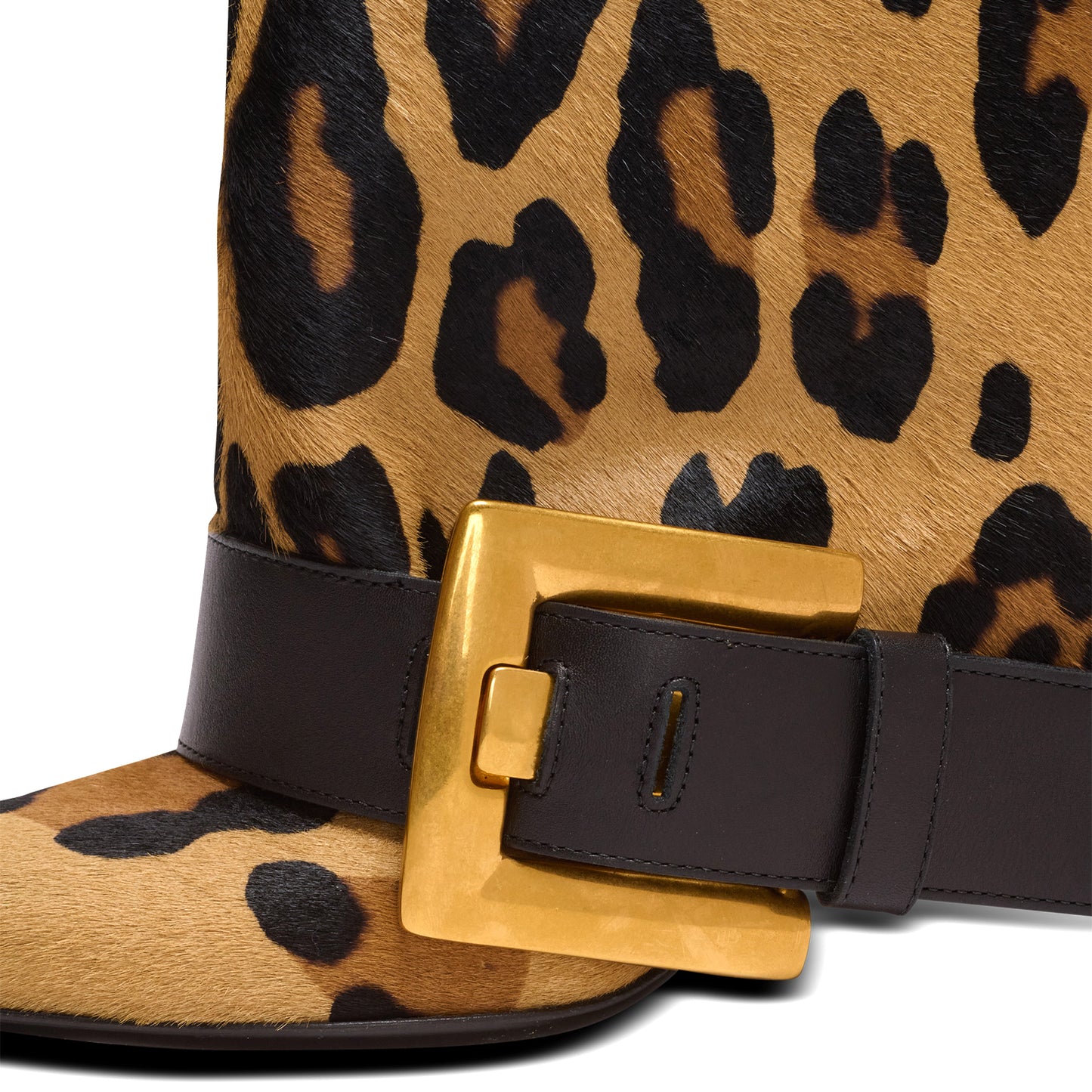 Leopard Pointed-Toe Bottom Buckle Fold-Over Wide Calf Knee High Stiletto Boots