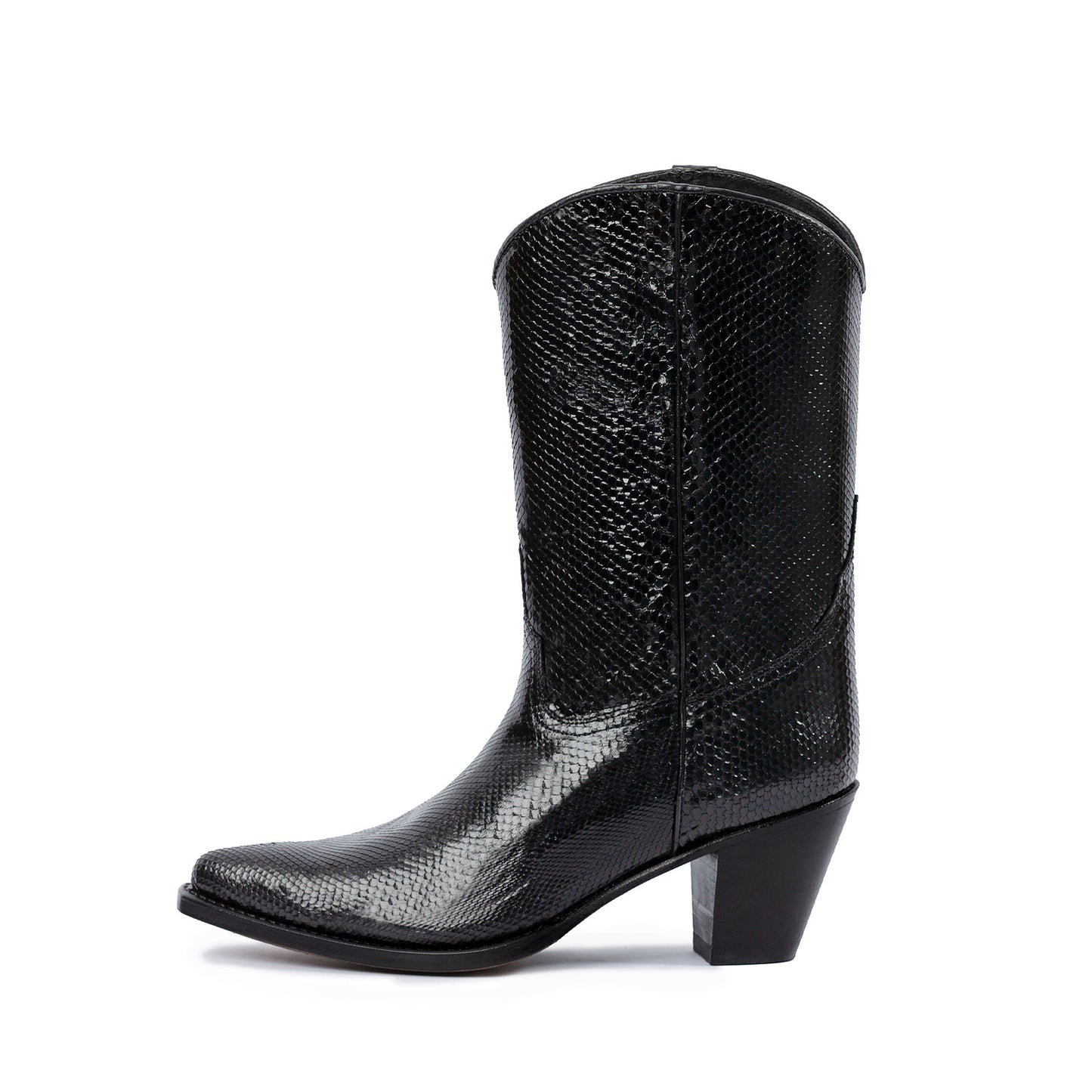 Black Snakeskin Print Almond-Toe Chic Mid Calf Cowgirl Boots