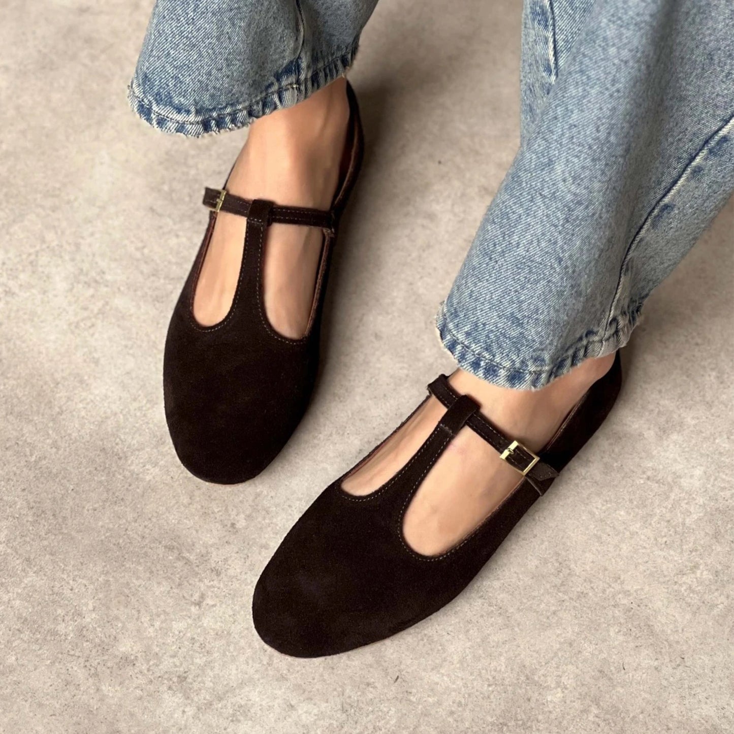 Coffee Faux Suede Round-Toe Buckle Middle Strap Simple Chic Flats