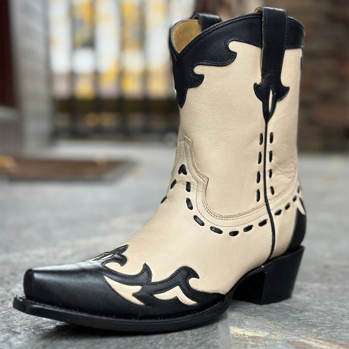 Contrast Cream And Black Snip-Toe Running Stitch Ankle Cowgirl Boots