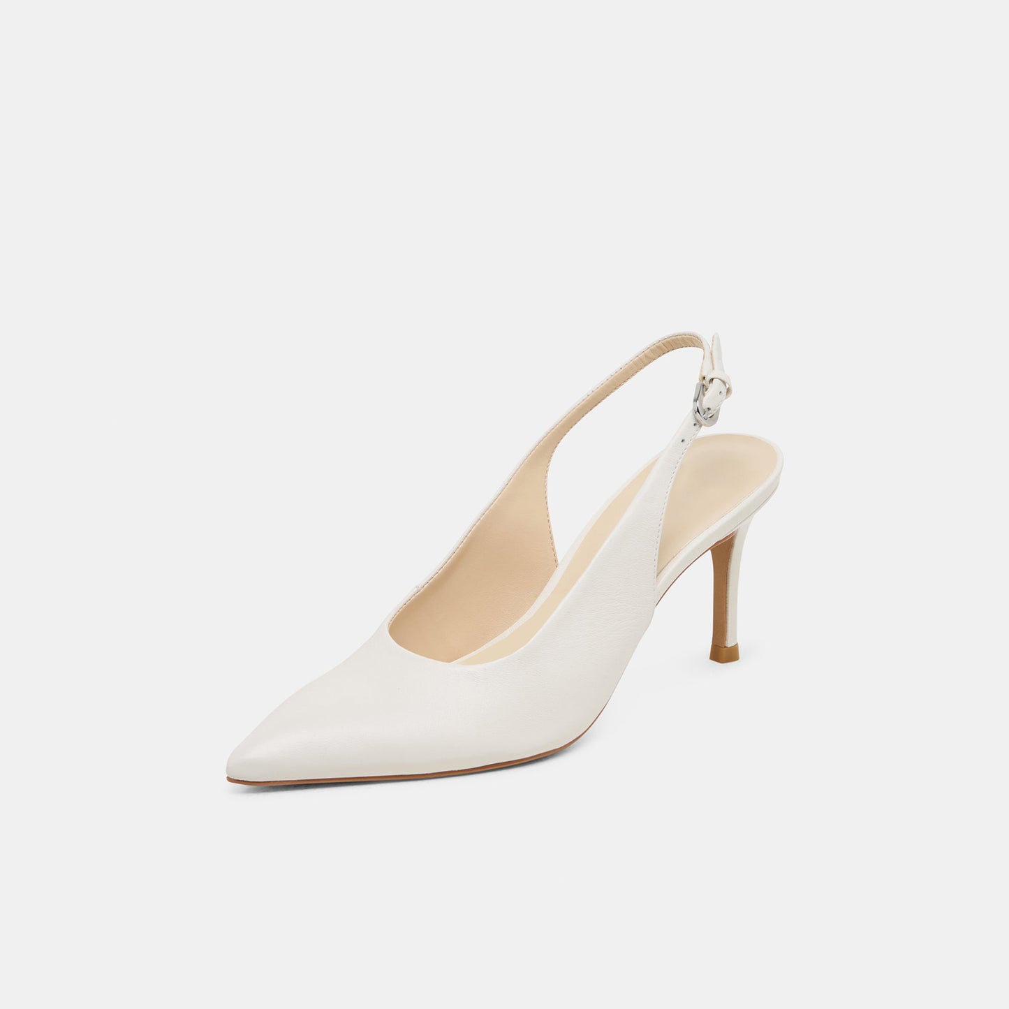 White Classic Pointed-Toe Buckle Slingback Kitten Heels
