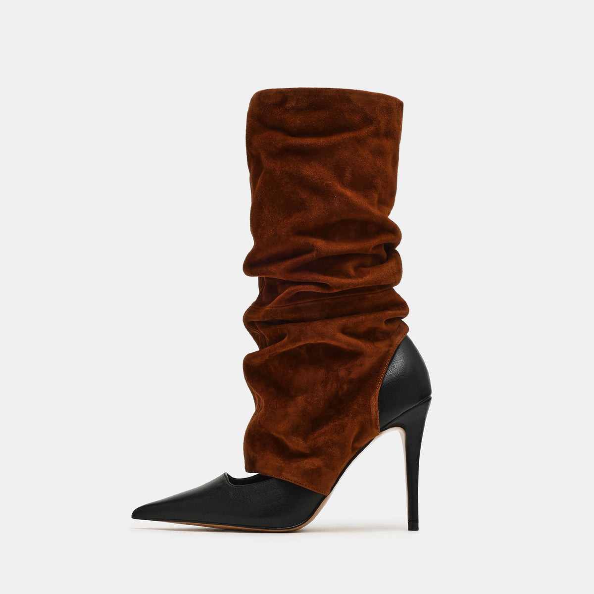 Brown Faux Suede And Black Vegan Leather Pointed-Toe Slip-On Mid Calf Stiletto Boots