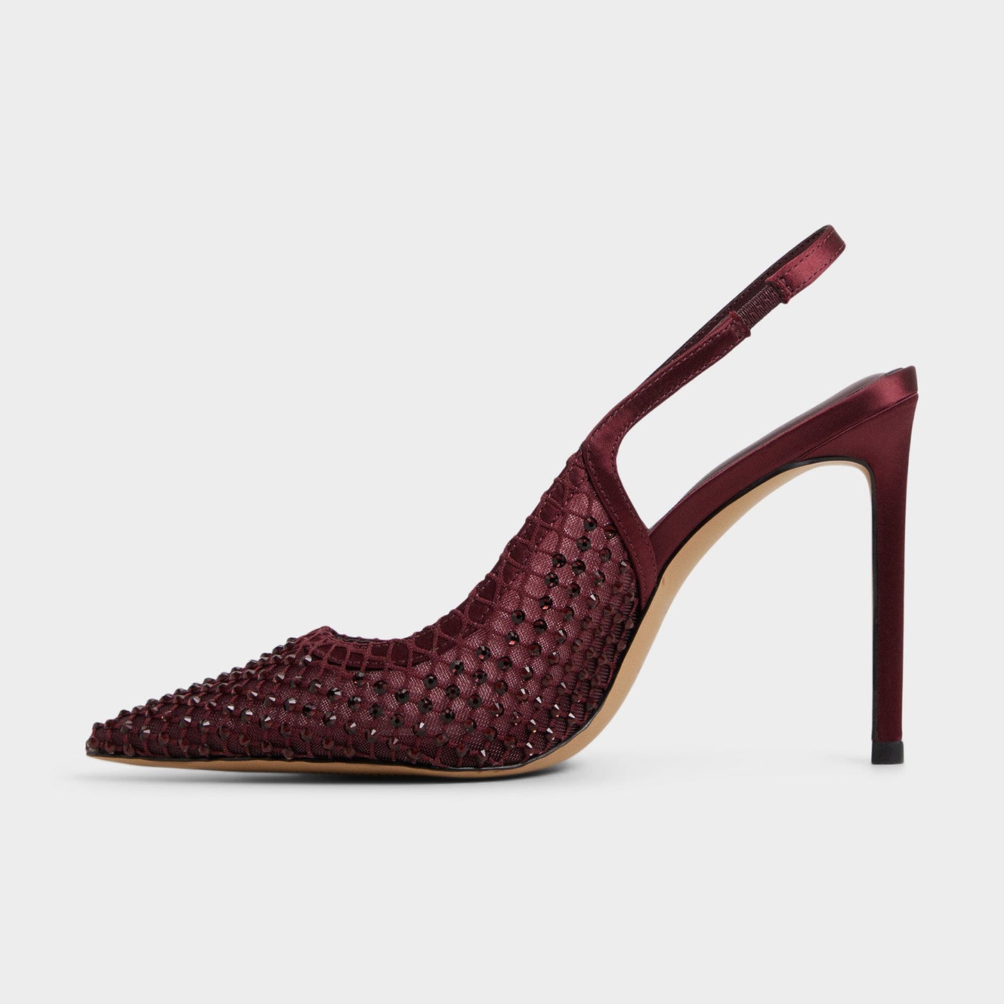 Burgundy Rhinestones Mesh And Satin Pointed-Toe Slingback High Heels