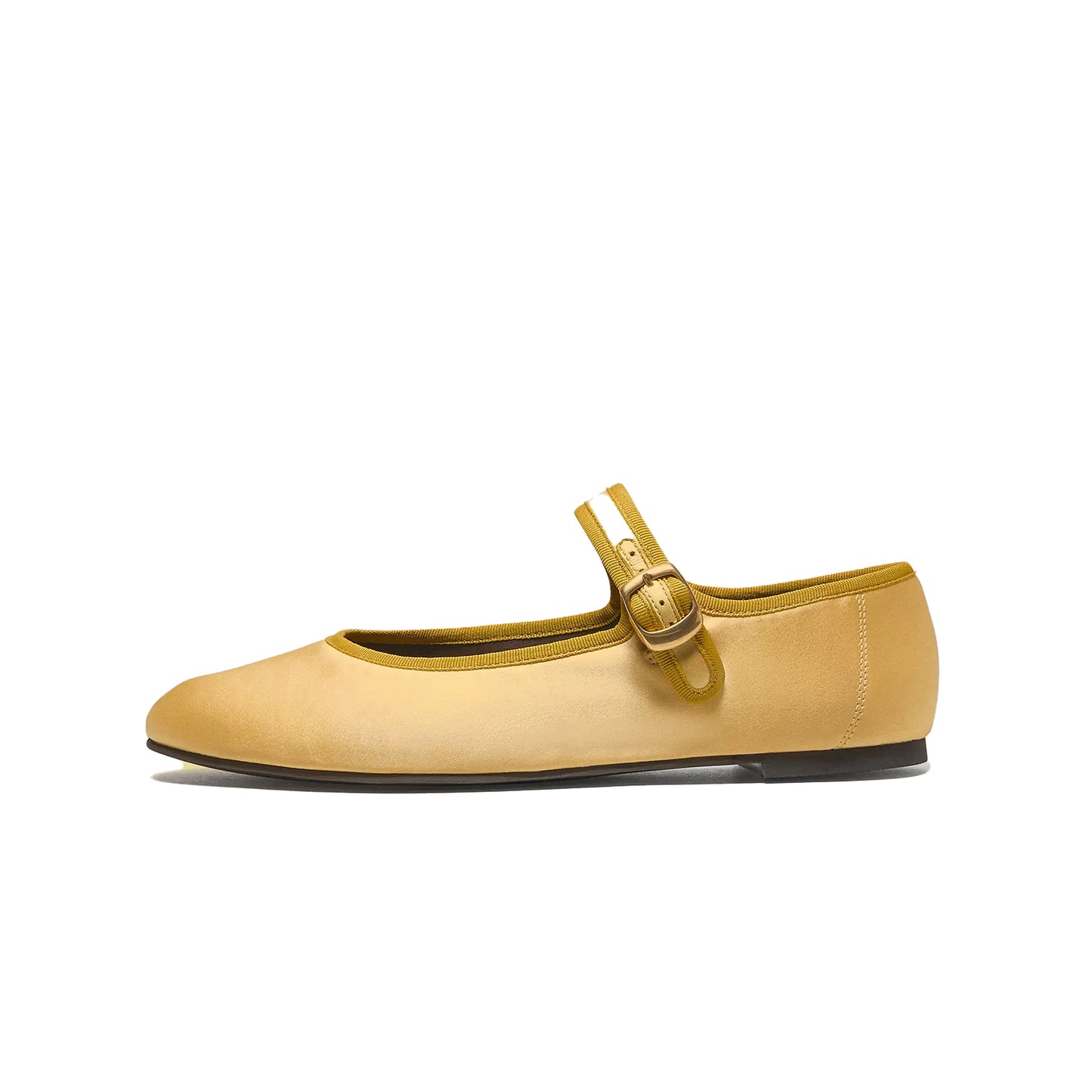 Lemon Yellow Satin Round-Toe Bridge Buckle Strap Ballet Classic Flats