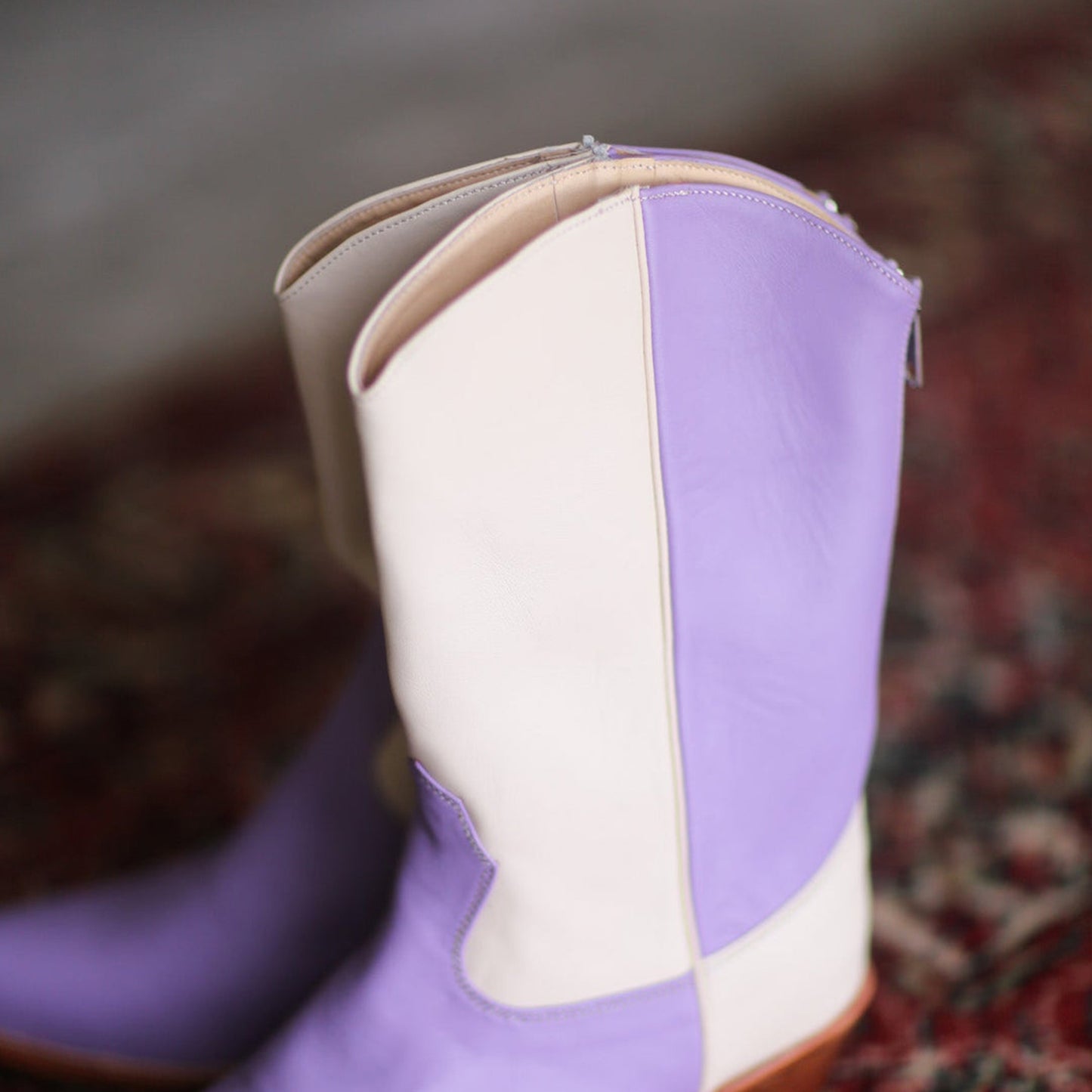 Cream And Lavender Almond-Toe Simple Back Full-Zip Mid Calf Cowgirl Boots