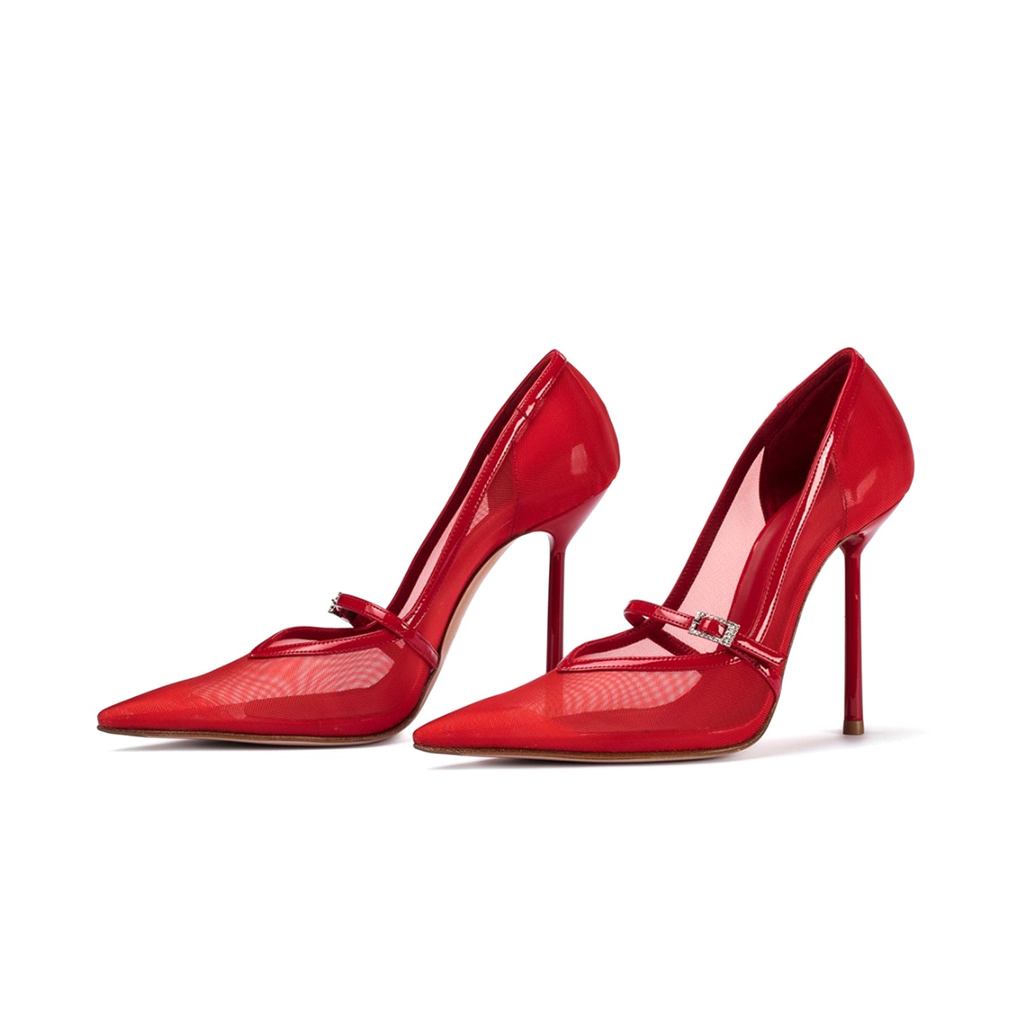 Red Mesh Pointed-Toe Patent Bridge Strap High Heels