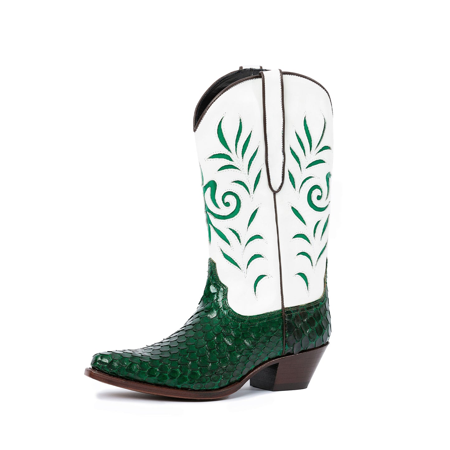 Contrast White And Green Snakeskin Print Pointed-Toe Inlays Mid Calf Cowgirl Boots