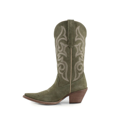 Green Faux Suede Snip-Toe Mid Calf Embroidery Cowgirl Boots