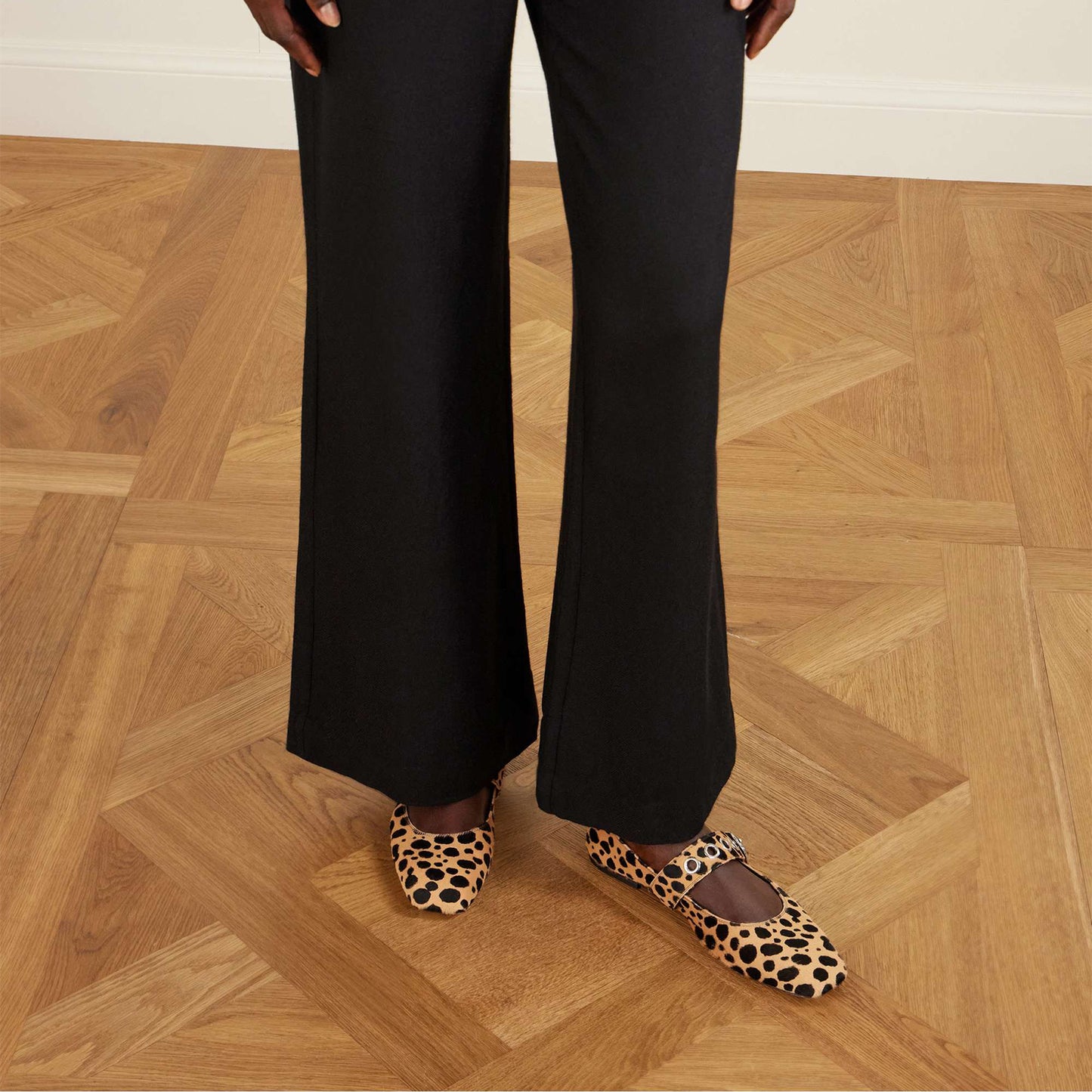 Cow Print Pony Hair Vegan Leather Square-Toe Mary Jane With Eyelets Flats