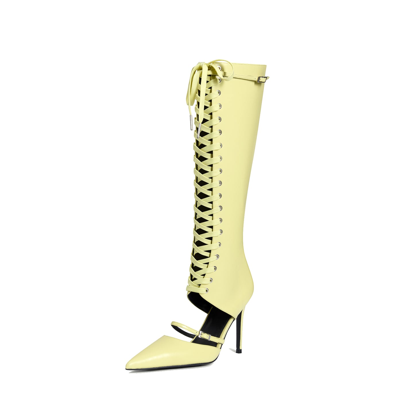 Yellow Pointed-Toe Front Lace-Up Full-Zip Knee High Stiletto Boots