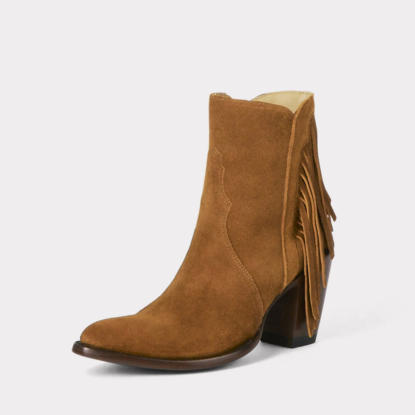 Cognac Faux Suede Round-Toe Side Fringe Half-Zip Simple Ankle Cowgirl Boots