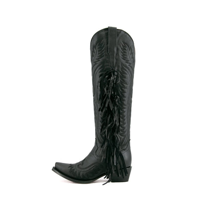Black Snip-Toe Embroidery Side Fringe Half-Zip Knee High Cowgirl Boots