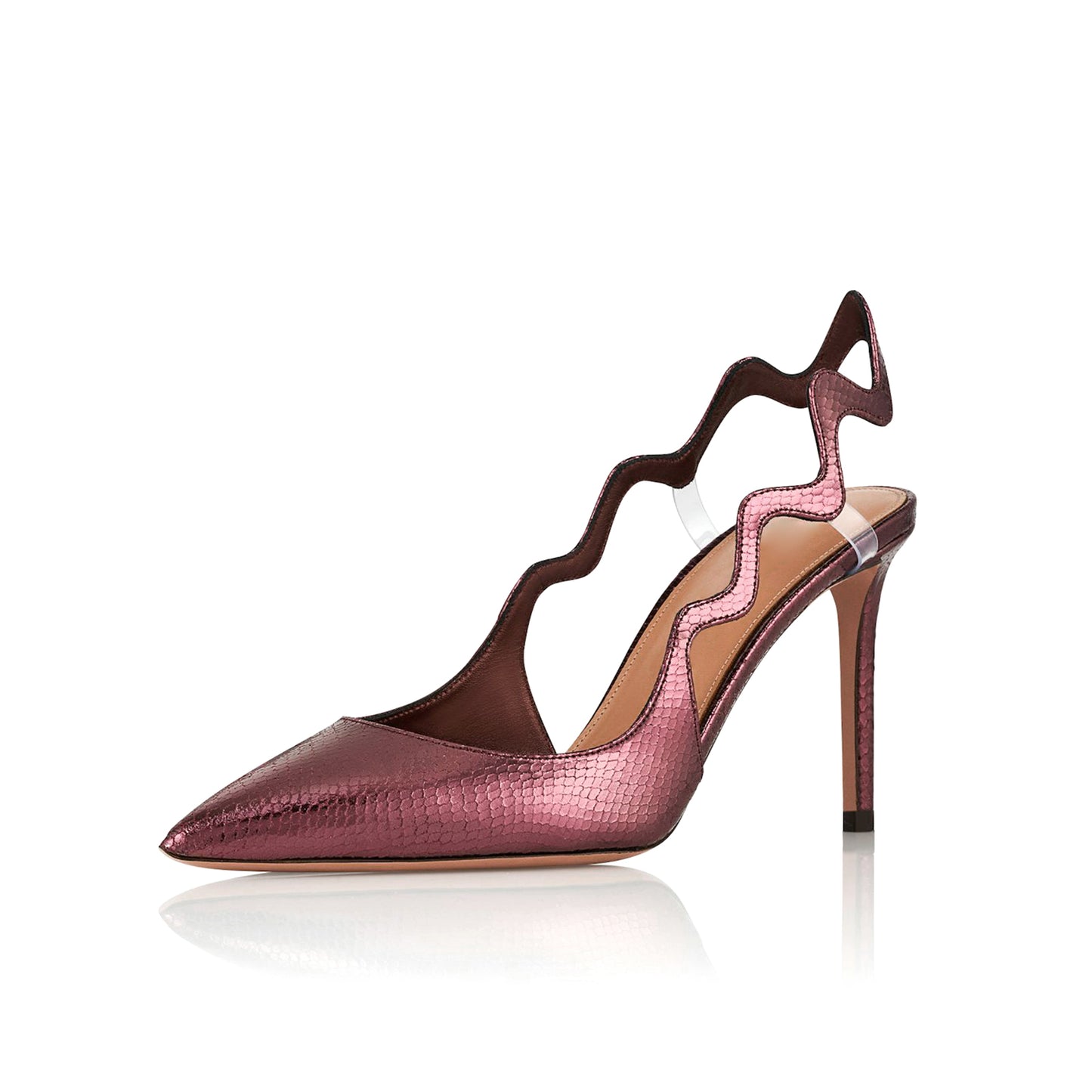 Metallic Wine Red Snakeskin Pointed-Toe Undulating Slingback High Heels