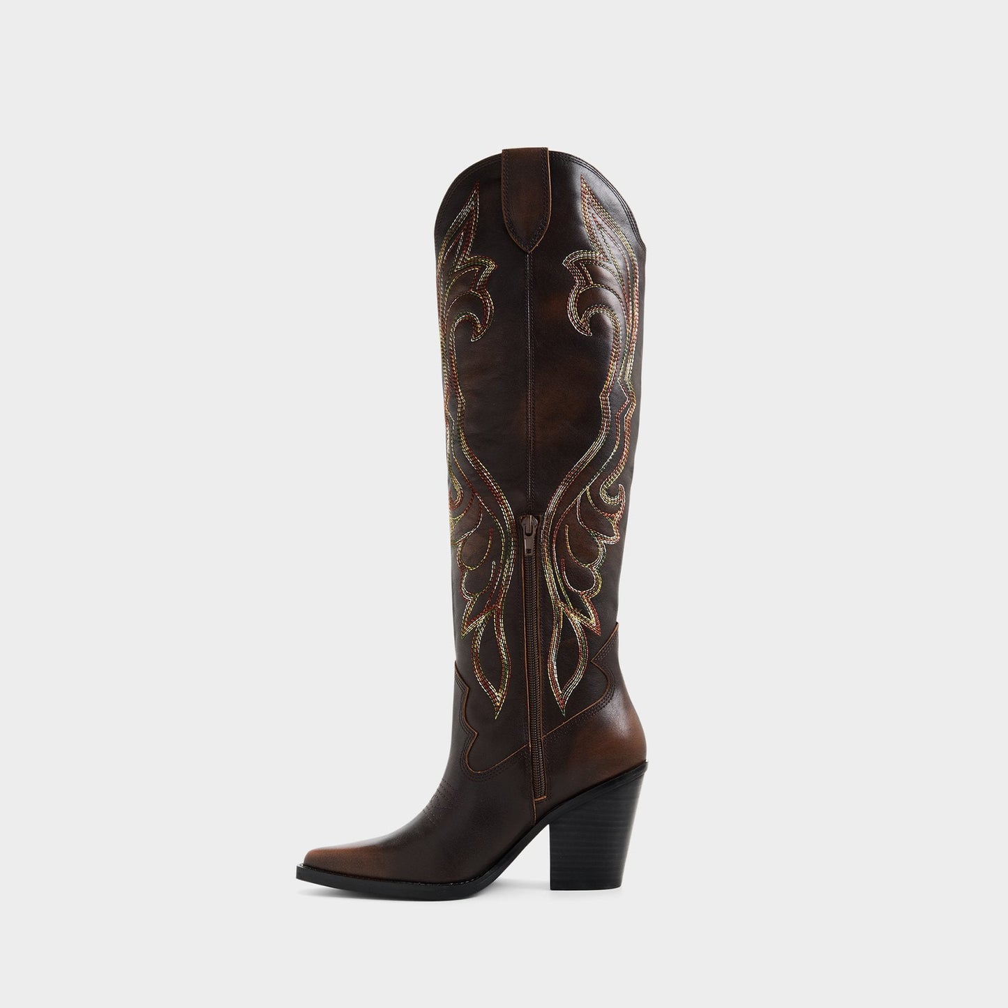 Brown Pointed-Toe Big Wings Embroidery Wide Calf Knee High Cowgirl Boots