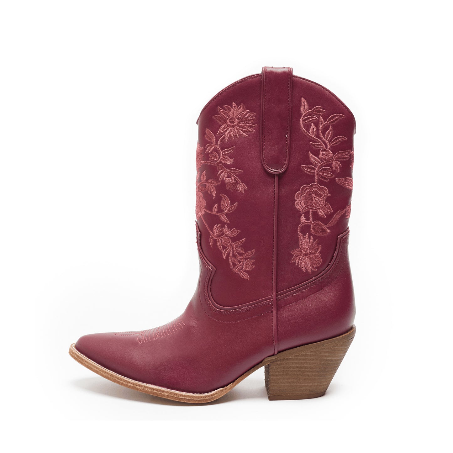 Red Round-Toe Chic Flowers Embroidery Ankle Cowgirl Boots