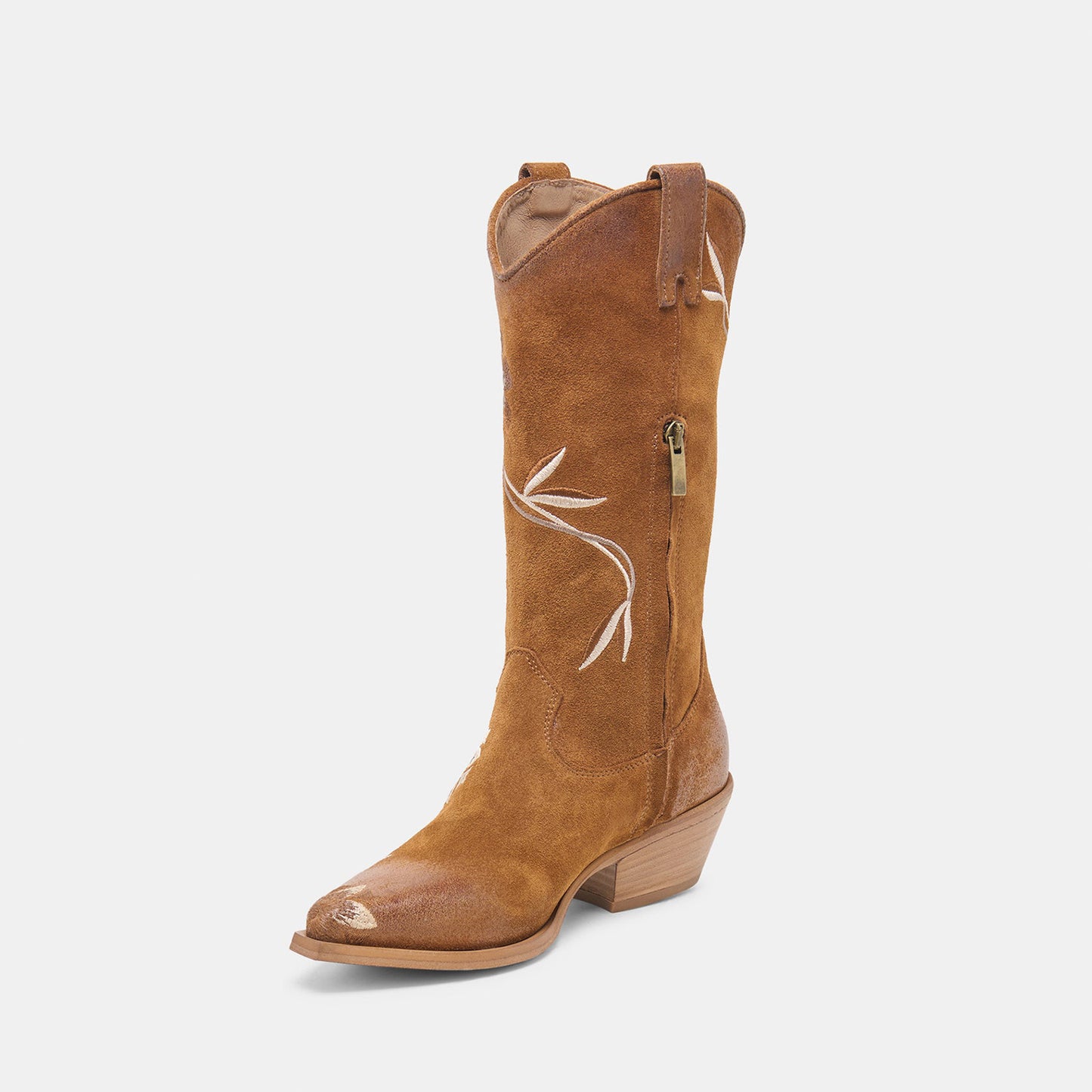 Tan Faux Suede Almond-Toe Stylish Floral Embroidery Half-Zip Mid Calf Cowgirl Boots
