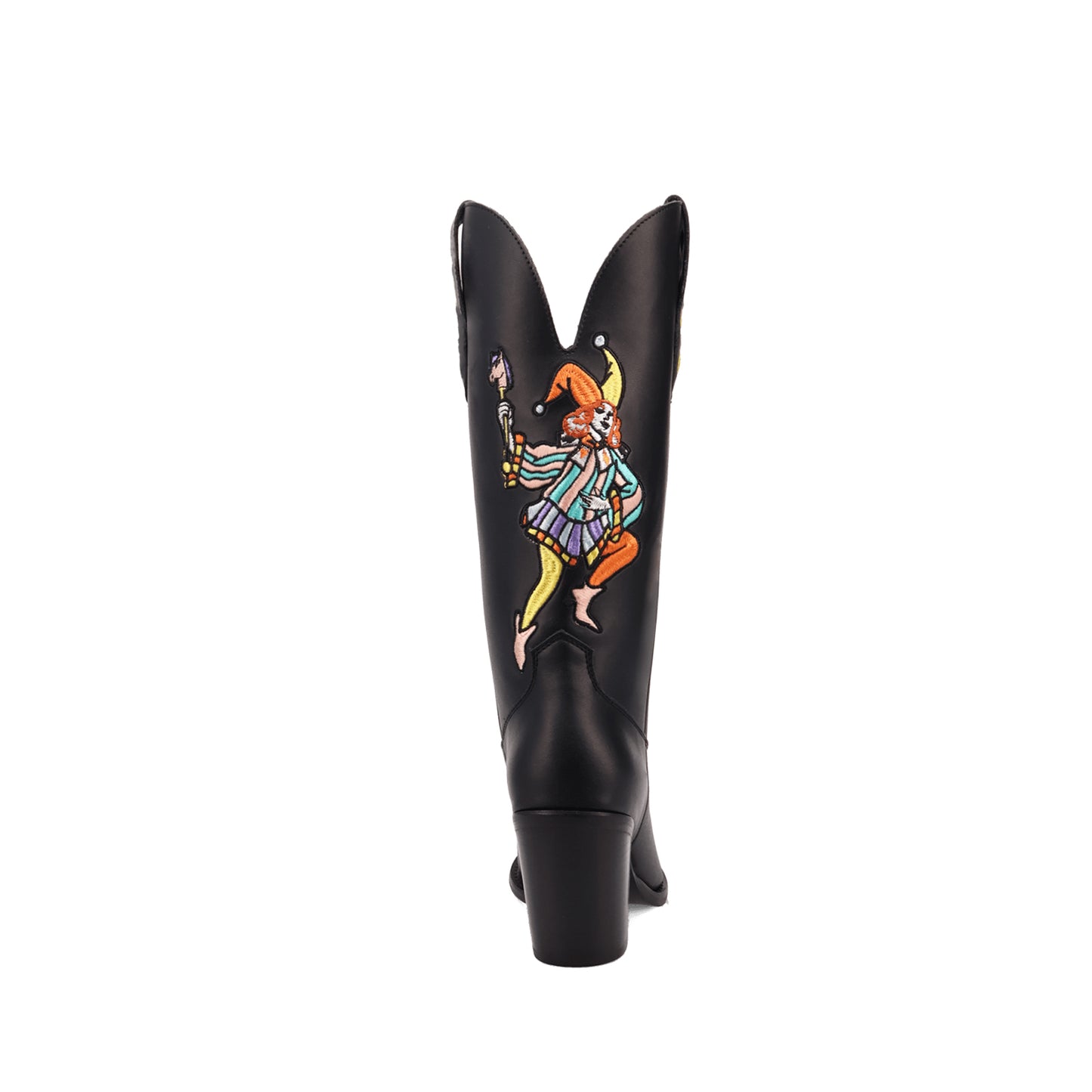 Black Snip-Toe Joker Embroidery Mid Calf Cowgirl Boots