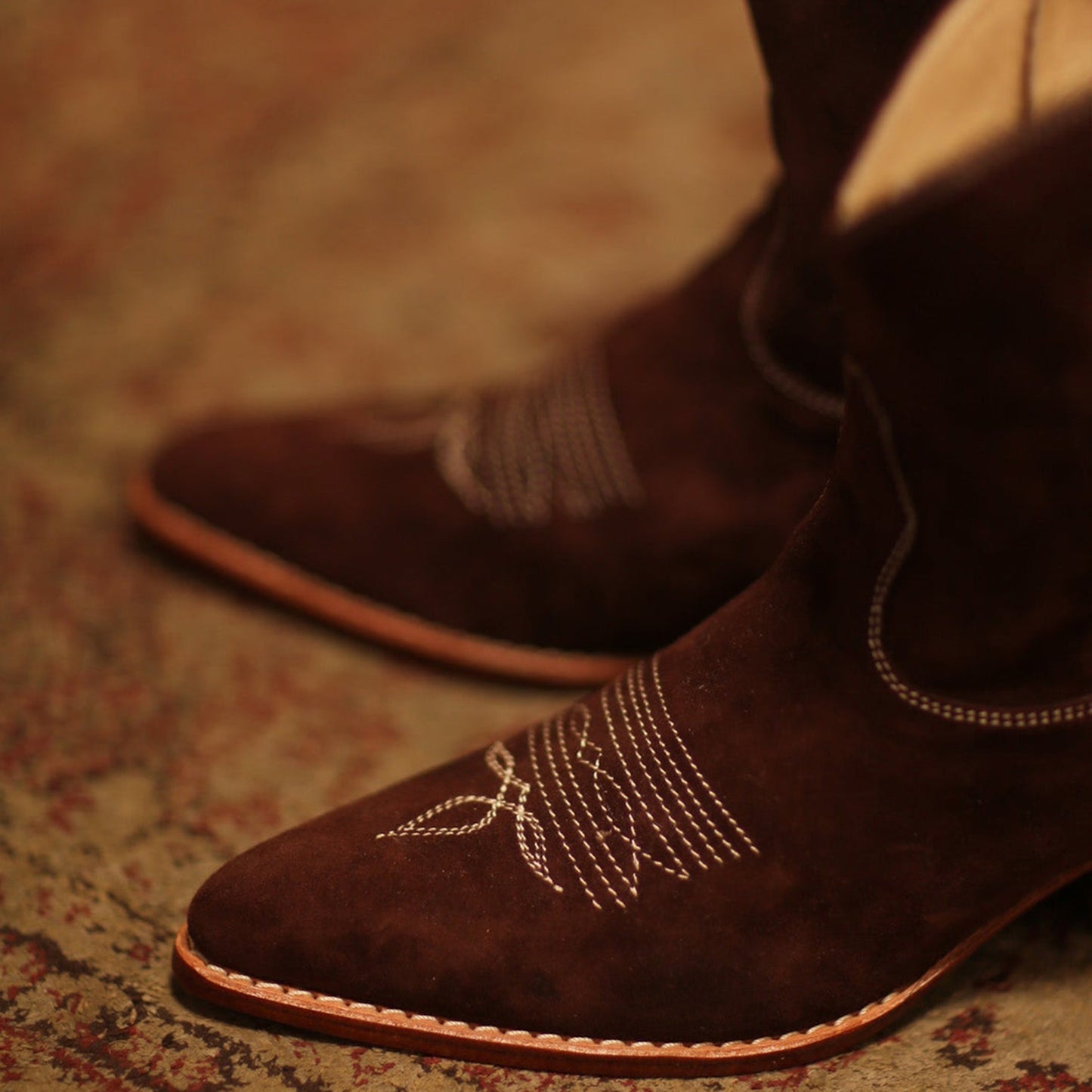Brown Faux Suede Round-Toe Classic Stitch Full-Zip Ankle Cowgirl Boots