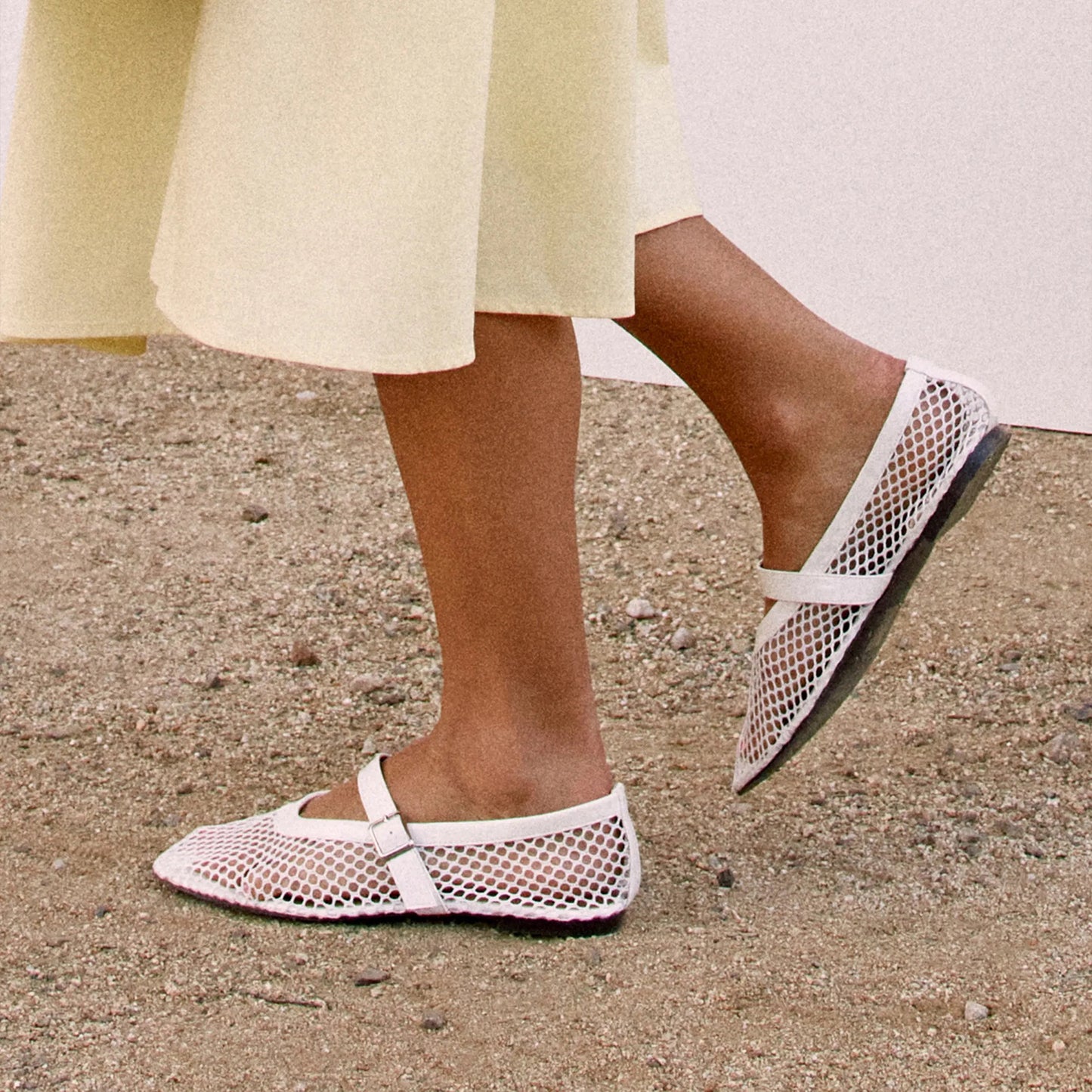 White Mesh And Patent Leather Square-Toe Mary Jane Ballet Flats