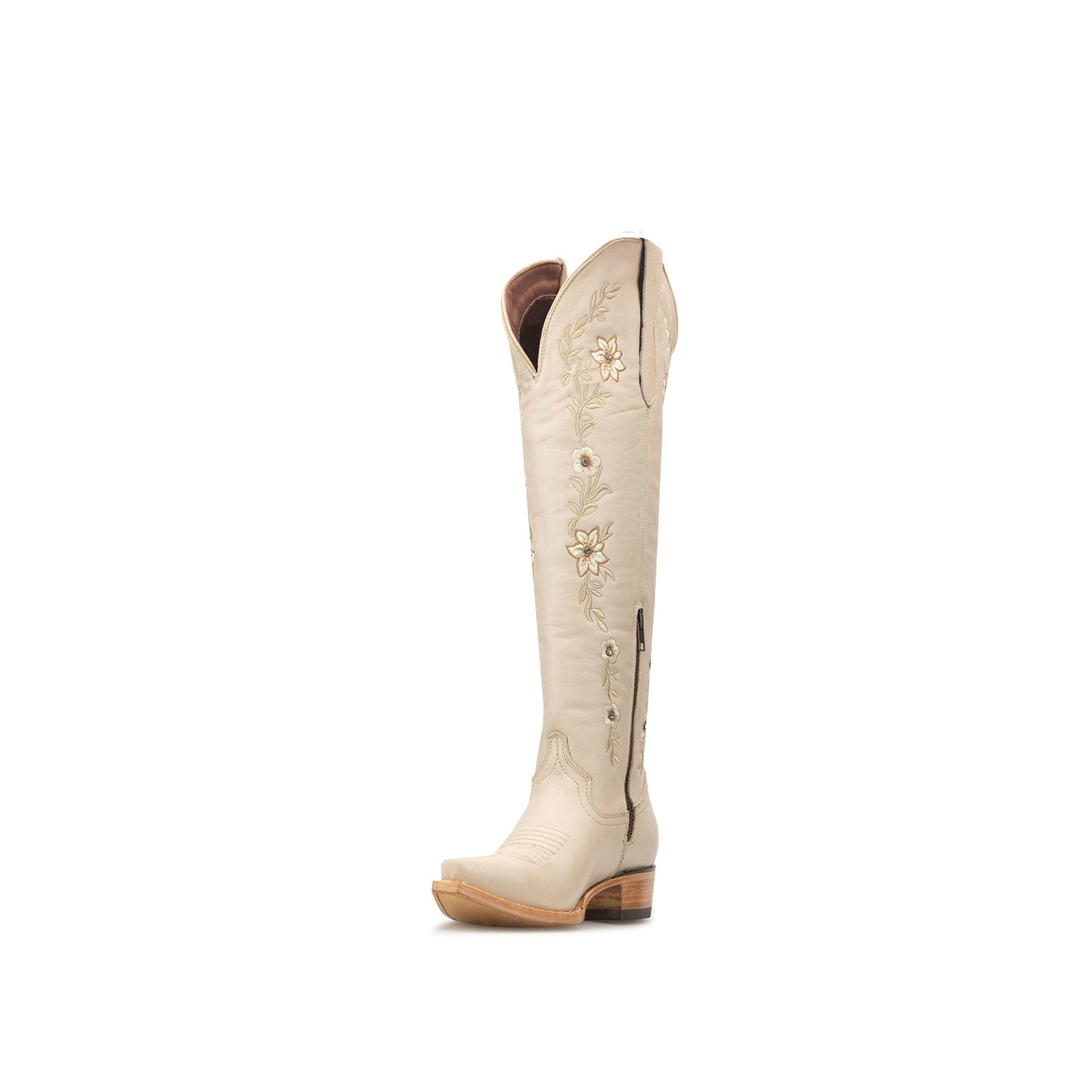 Cream Snip-Toe Flower Embroidery Rhinestone Half-Zip Knee High Cowgirl Boots