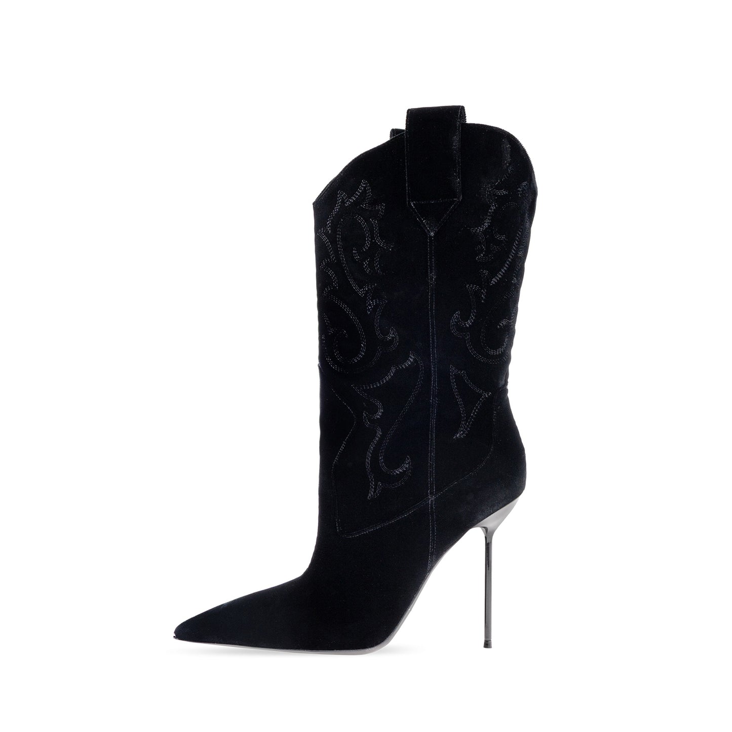 Black Velvet Pointed-Toe Embroidery Chic Mid Calf Stiletto Boots