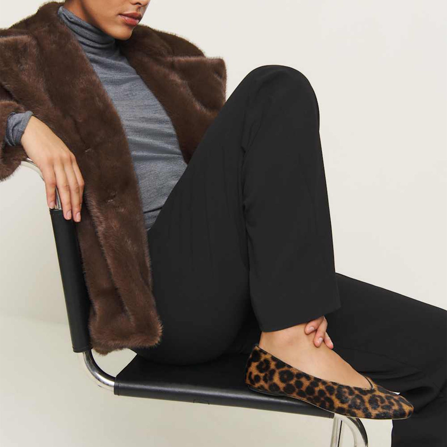 Leopard Print Pony Hair Square-Toe Classic Ballet Slip-On Flats