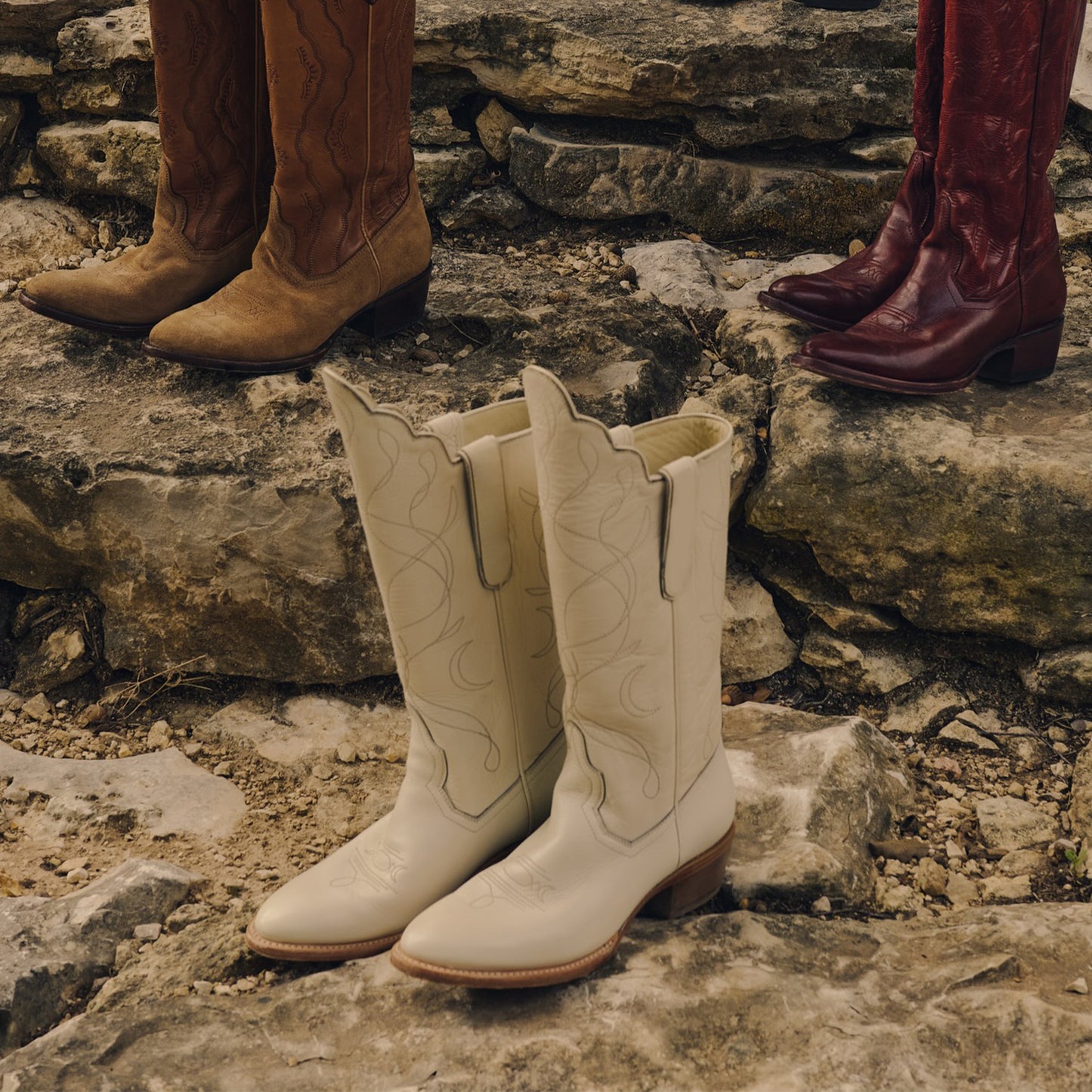 Ivory Round-Toe Classic Embroidery Mid Calf Cowgirl Boots For Women