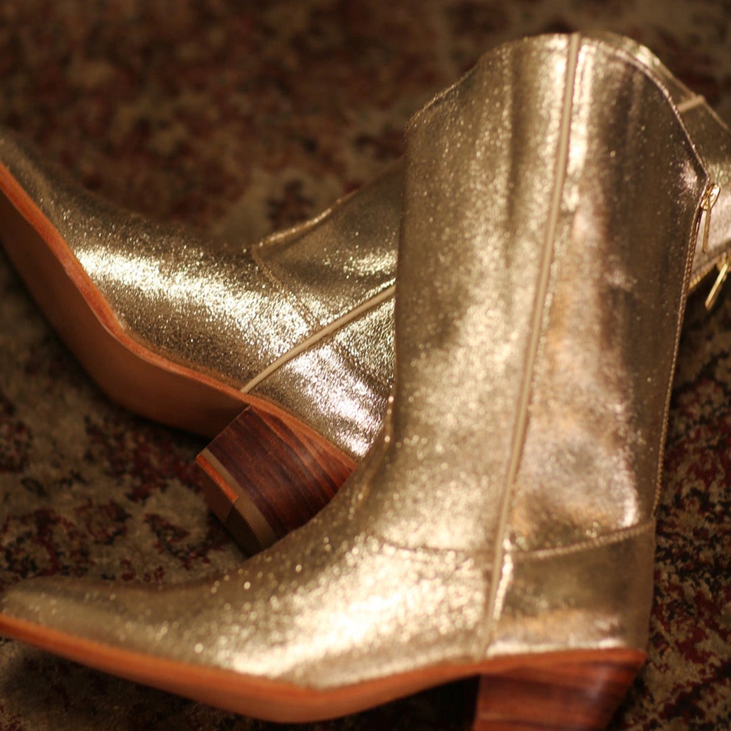 Metallic Gold Almond-Toe Simple Back Full-Zip Mid Calf Cowgirl Boots