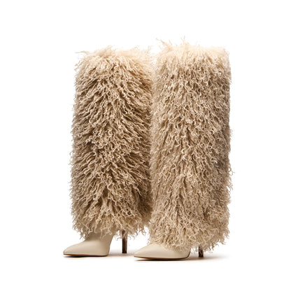 Beige Pointed-Toe Full Plush Wide Calf Knee High Stiletto Boots