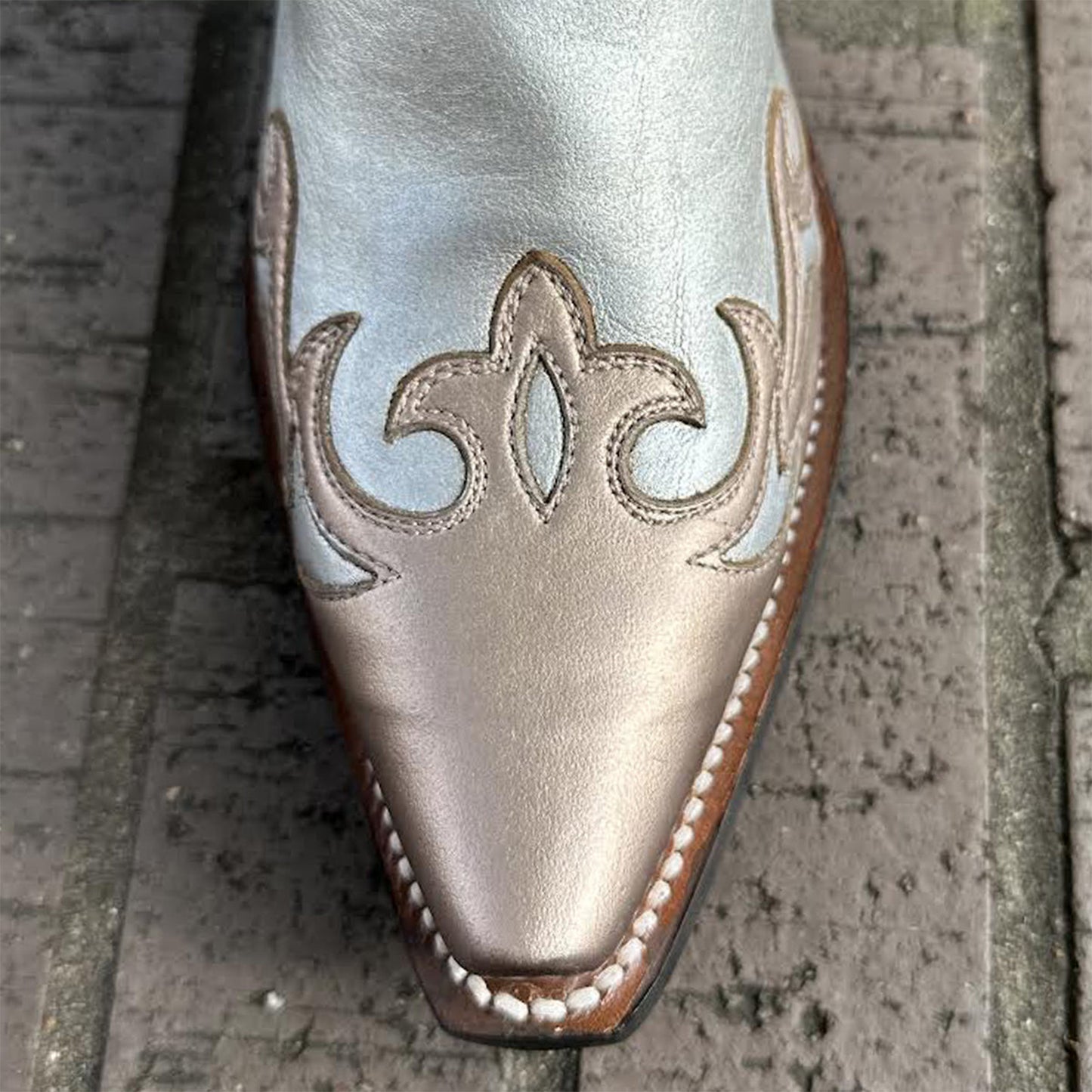 Contrast Silver And Rose Gold Snip-Toe Running Stitch Ankle Cowgirl Boots
