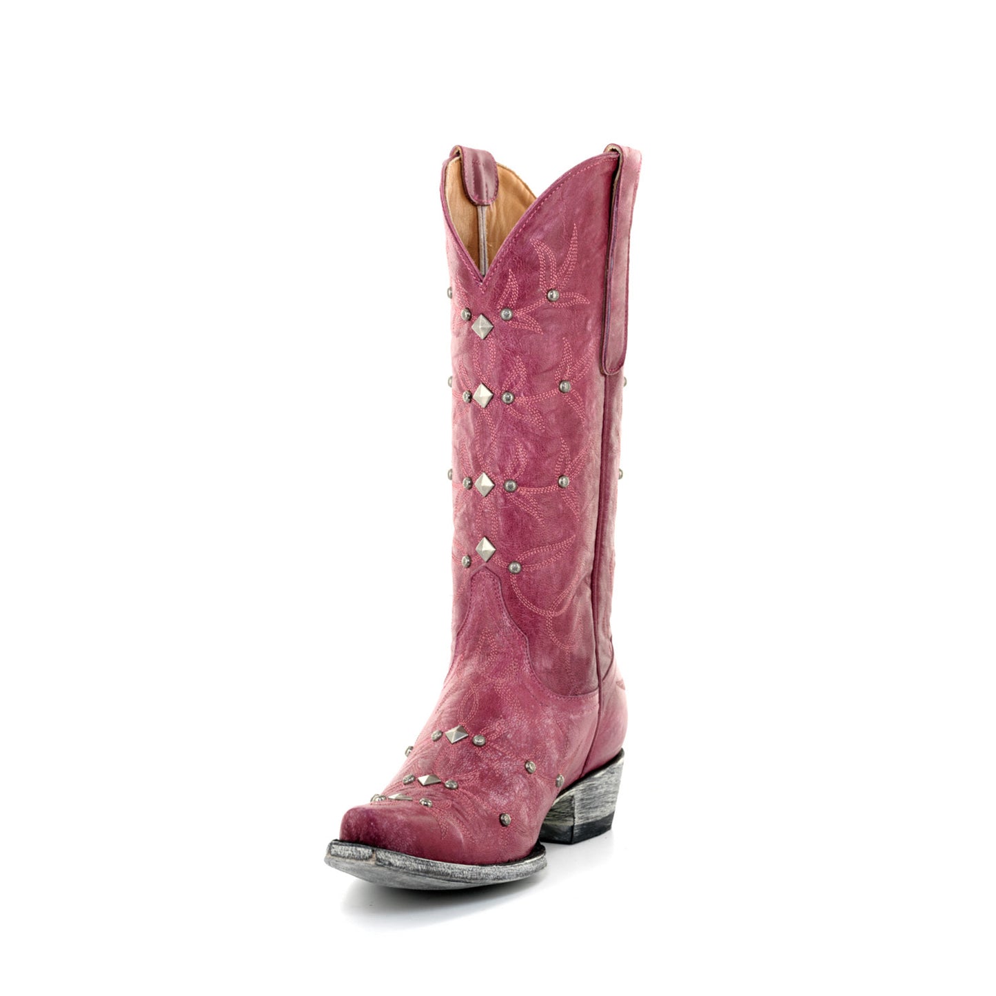 Pink Snip-Toe Studs And Embroidery Mid Calf Chic Cowgirl Boots