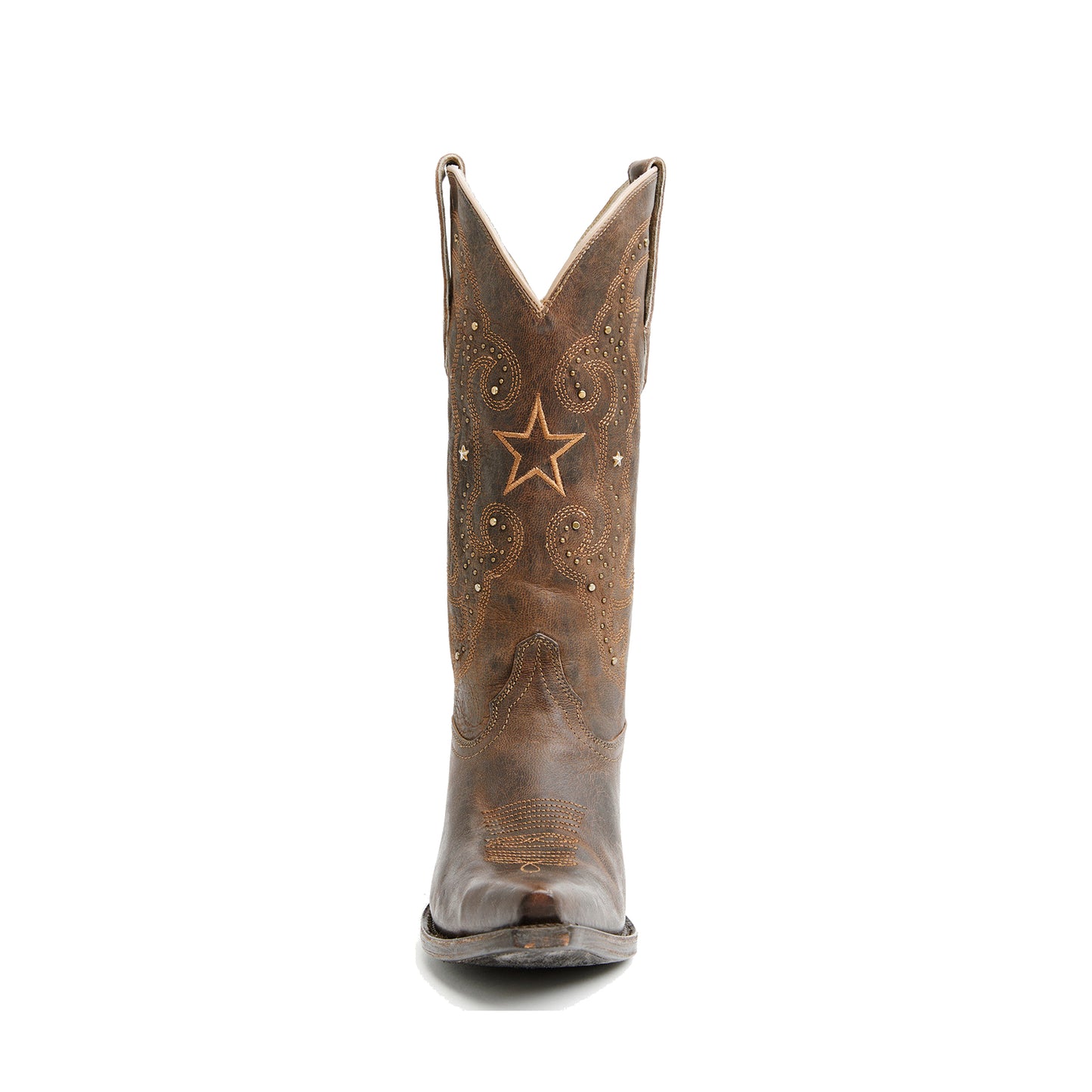 Brown Snip-Toe Stars Studs And Embroidery Mid Calf Cowgirl Boots