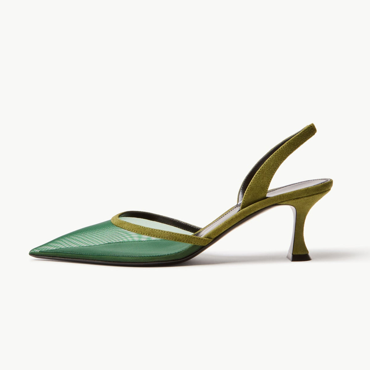 Brown Mesh Pointed-Toe Faux Suede Slingback Slip-On Kitten Heels
