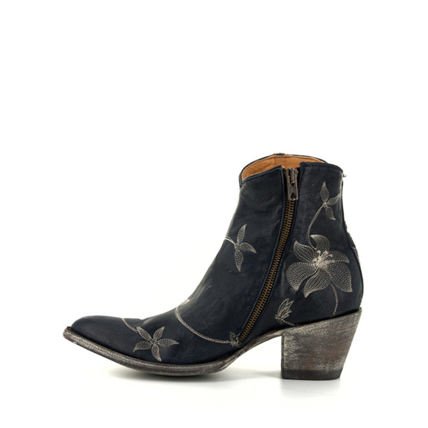 Navy Blue Round-Toe Floral Embroidery Full-Zip Ankle Cowgirl Boots