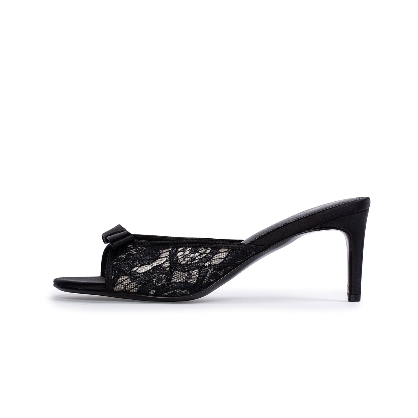 Black Lace Satin Round-Toe Front Bow Backless High Heels