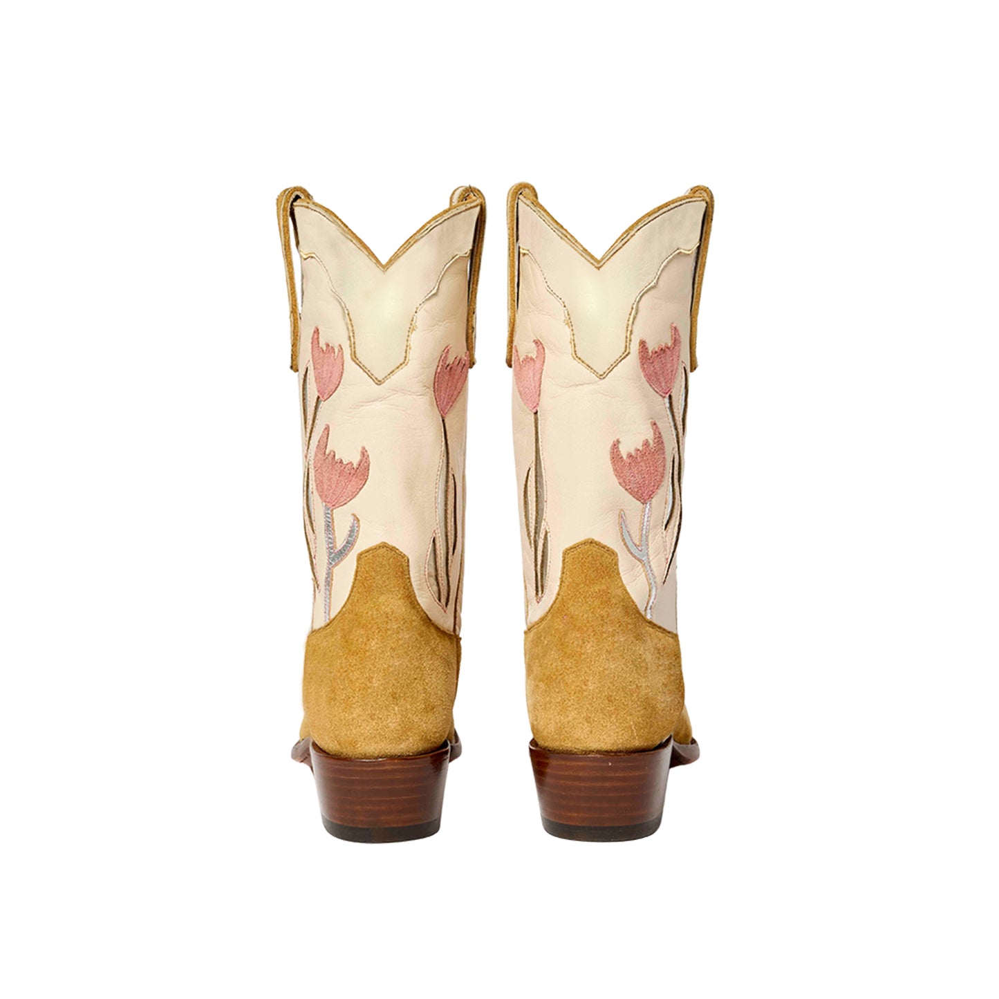 Contrast Bone And Camel Snip-Toe Tulip Inlay And Applique Mid Calf Cowgirl Boots